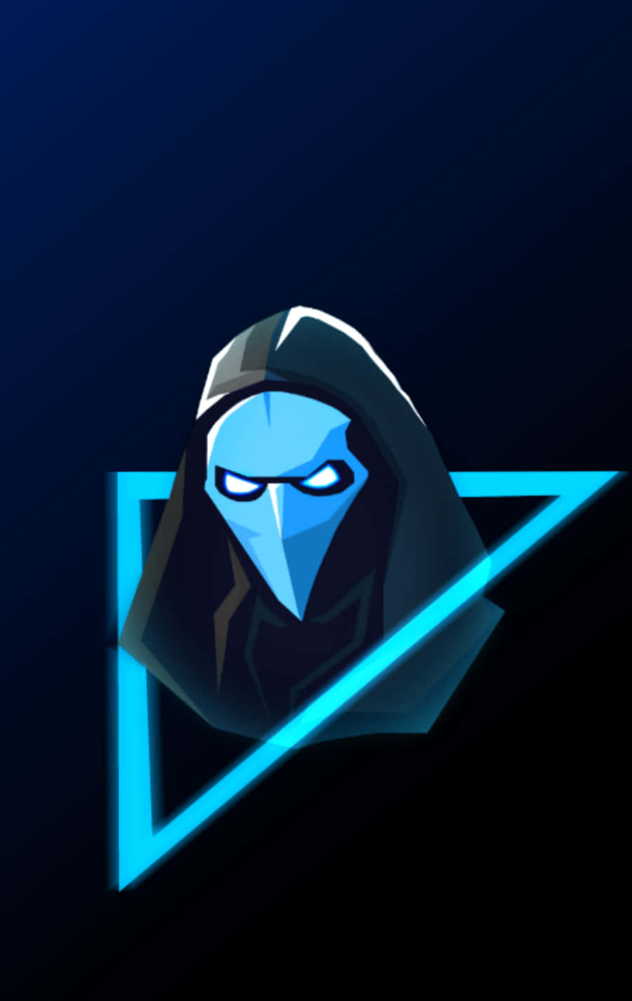 Ninja Fortnite 桌布 壁紙 — 一個風格化的藍色面具人物，戴著深色兜帽，被發光的青色三角形框住，背景是深藍色漸變。