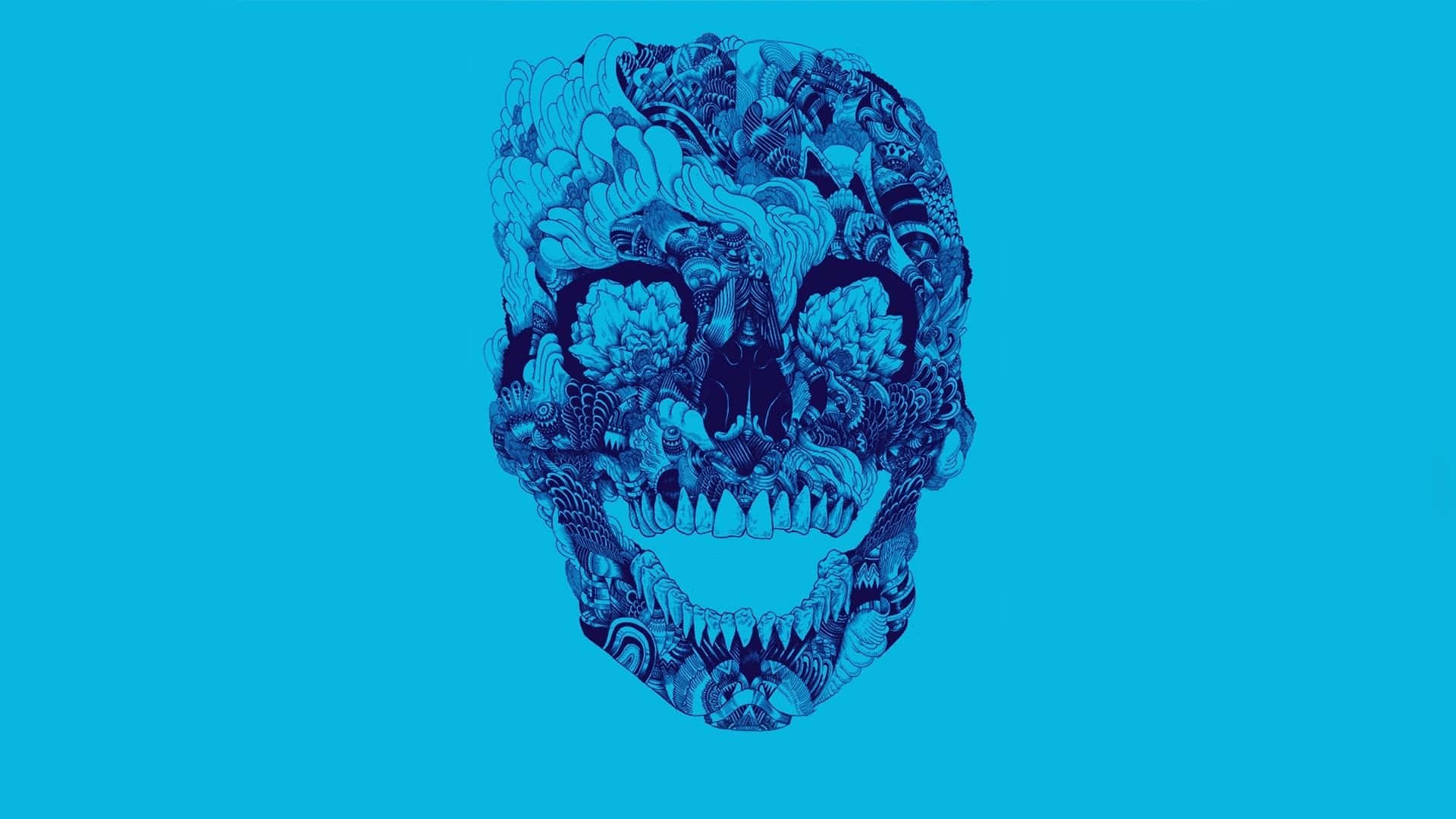 Day Of The Dead 桌布 壁紙 — 一個風格化的藍色頭骨，充滿了精緻的花卉和部落圖案，背景為純青色。