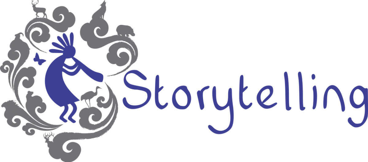 Storybook 桌布 壁紙 — 一個風格化的藍色鳥形圖案，帶有華麗的灰色漩渦，並在黑色背景上以匹配的藍色字體寫有「Storytelling」一詞。