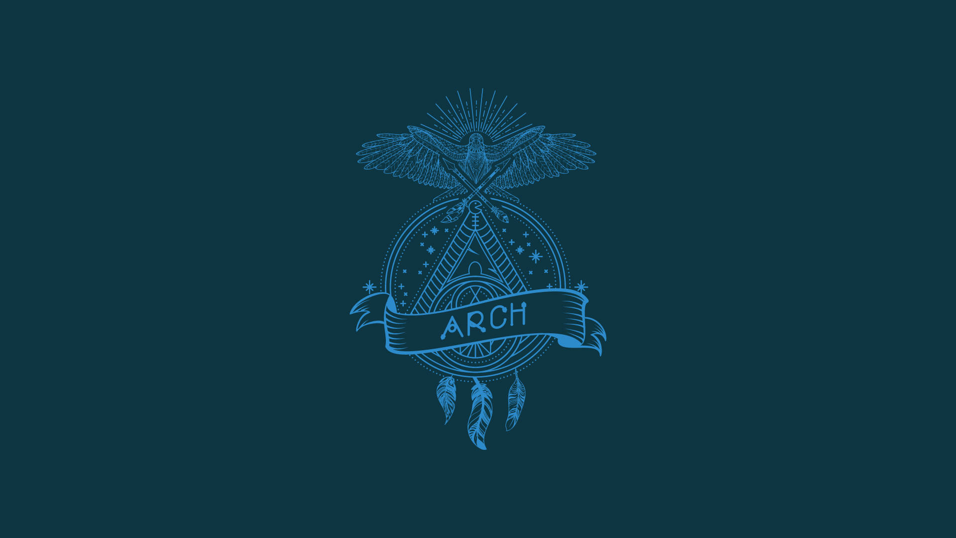 Linux 桌布 壁紙 — 一個風格化的藍色鷹徽章，帶有寫著 ARCH 的橫幅和羽毛，背景為深青色。