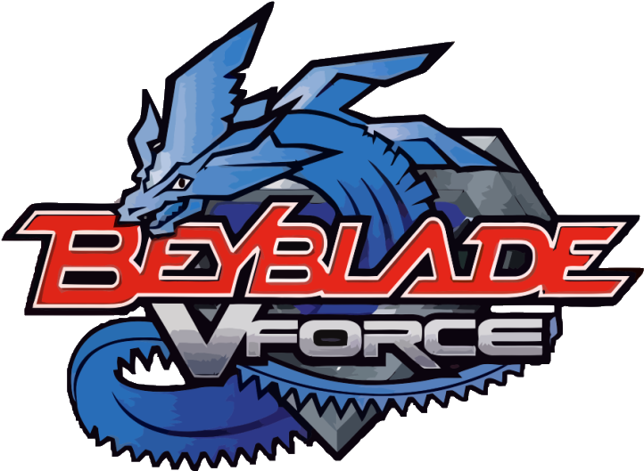Beyblade 桌布 壁紙 — 一個風格化的藍色龍標誌，帶有鋒利的鋸齒邊緣和紅銀色文字，在黑色背景上顯示 Beyblade VForce。