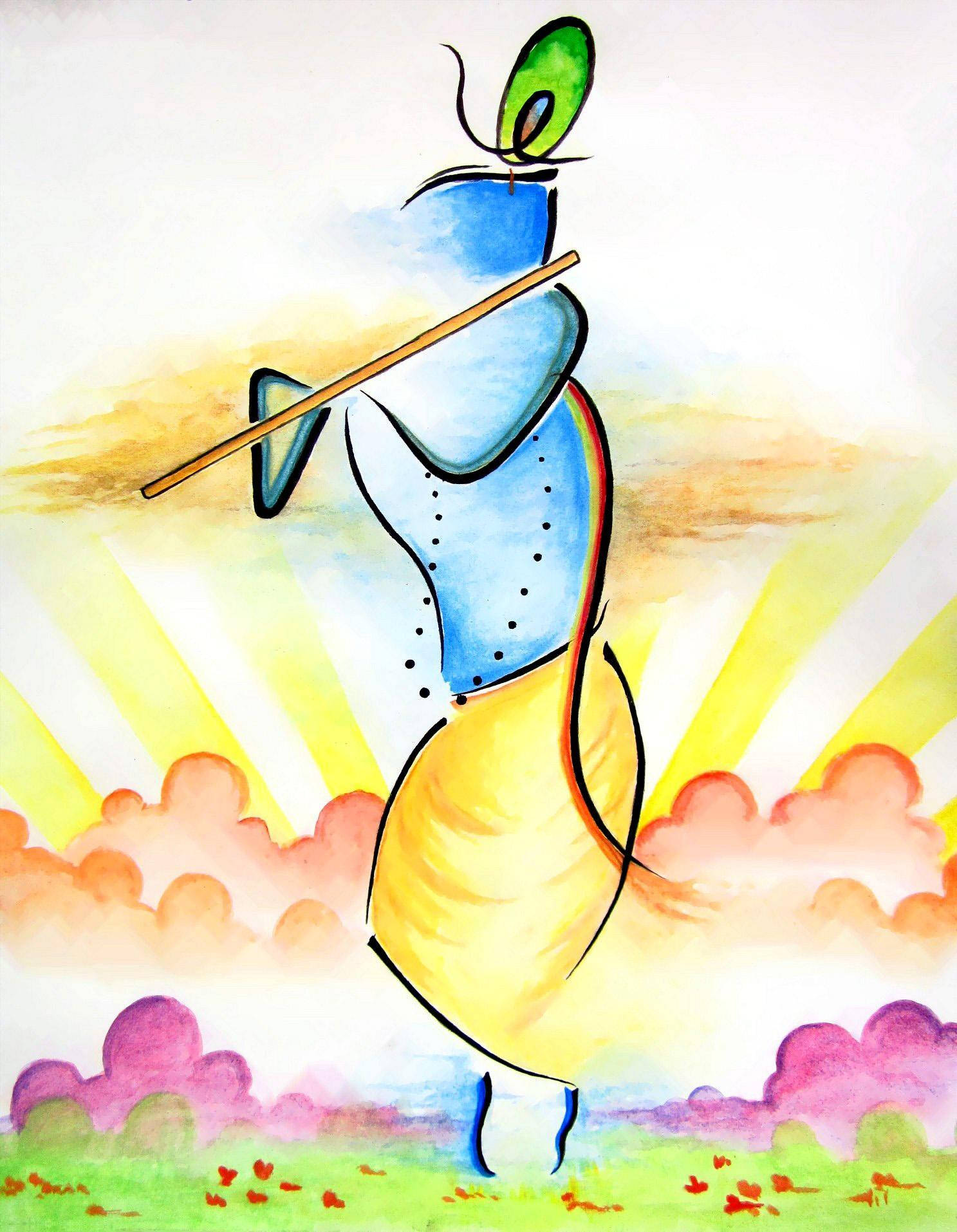 animated krishna 桌布 壁紙 — 一個風格化的藍黃色人物在燦爛的陽光天空下吹奏長笛，背景有粉彩雲朵和綠草。