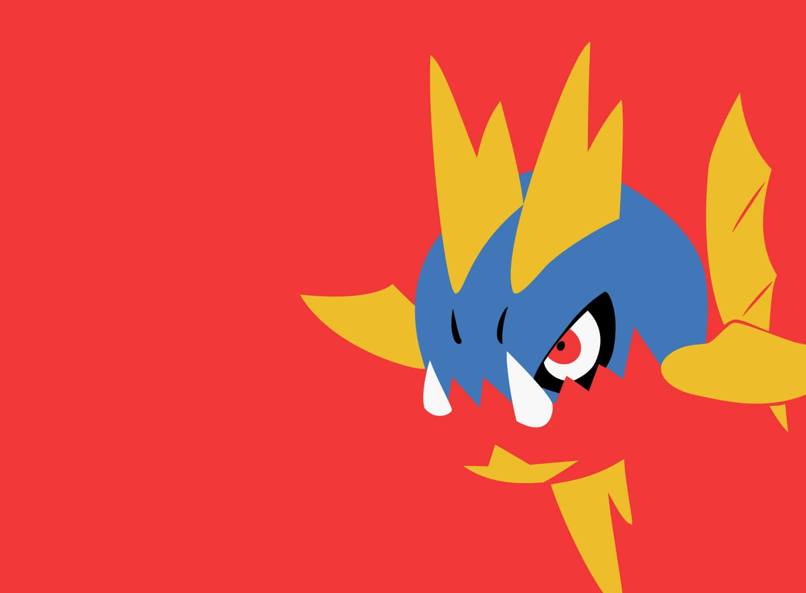 Pokemon Aesthetic 桌布 壁紙 — 一個風格化的藍黃色動漫生物，擁有鋒利的鰭和兇猛的紅色眼睛，凝視著純紅色背景。