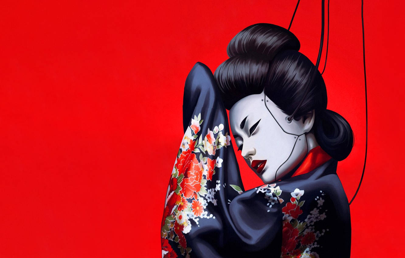 Geisha 桌布 壁紙 — 一個風格化的藝妓，白色臉部彩繪和紅唇，披著花卉和服，襯以鮮紅色背景。