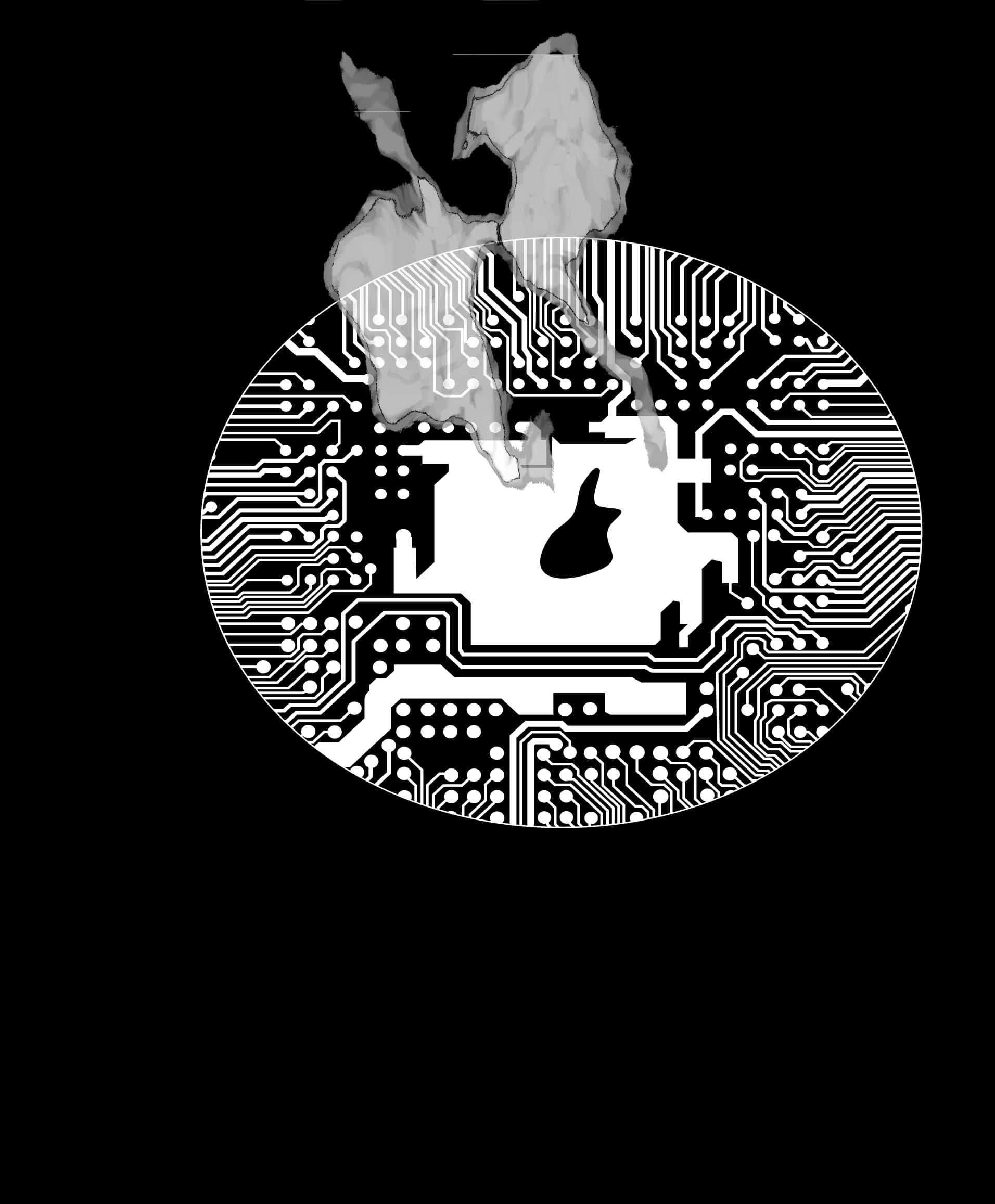 artificial intelligence 桌布 壁紙 — 一個風格化的蘋果剪影，帶有電路板圖案和融化灰色紋理，背景為黑色。