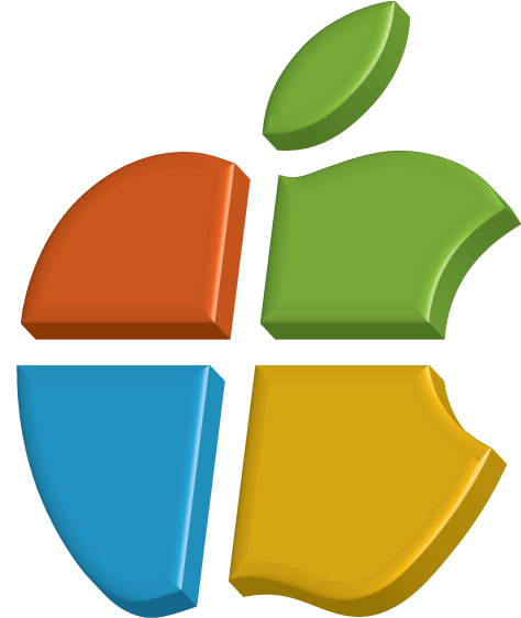 microsoft 桌布 壁紙 — 一個風格化的蘋果標誌，分成橙色、綠色、藍色和黃色四個彩色部分，在黑色背景上帶有光澤的3D效果。