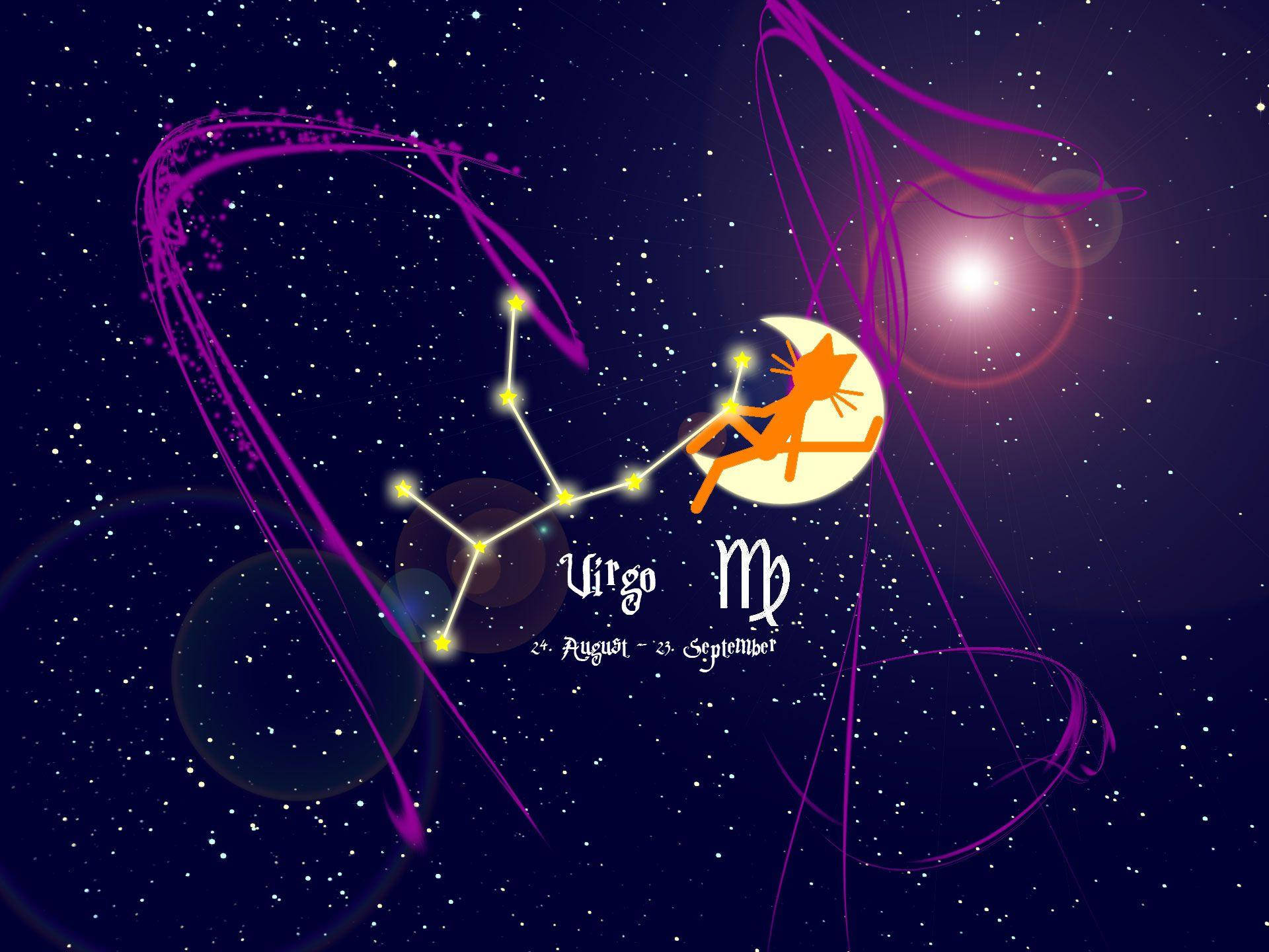 zodiac 桌布 壁紙 — 一個風格化的處女座星座，新月上有一個貓剪影，背景是繁星點點的紫色夜空。