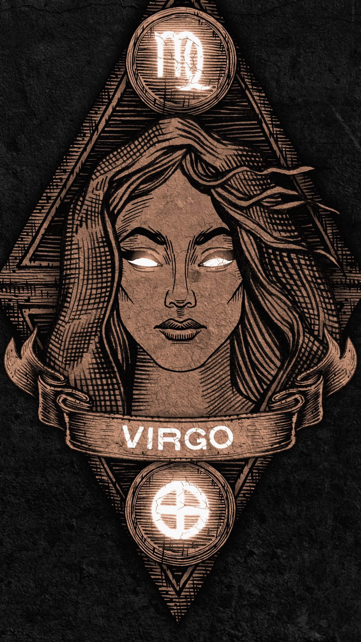 Virgo 桌布 壁紙 — 一個風格化的處女座星座符號，以一個寧靜的女性面孔為中心，周圍環繞著複雜的幾何圖案和發光符號。