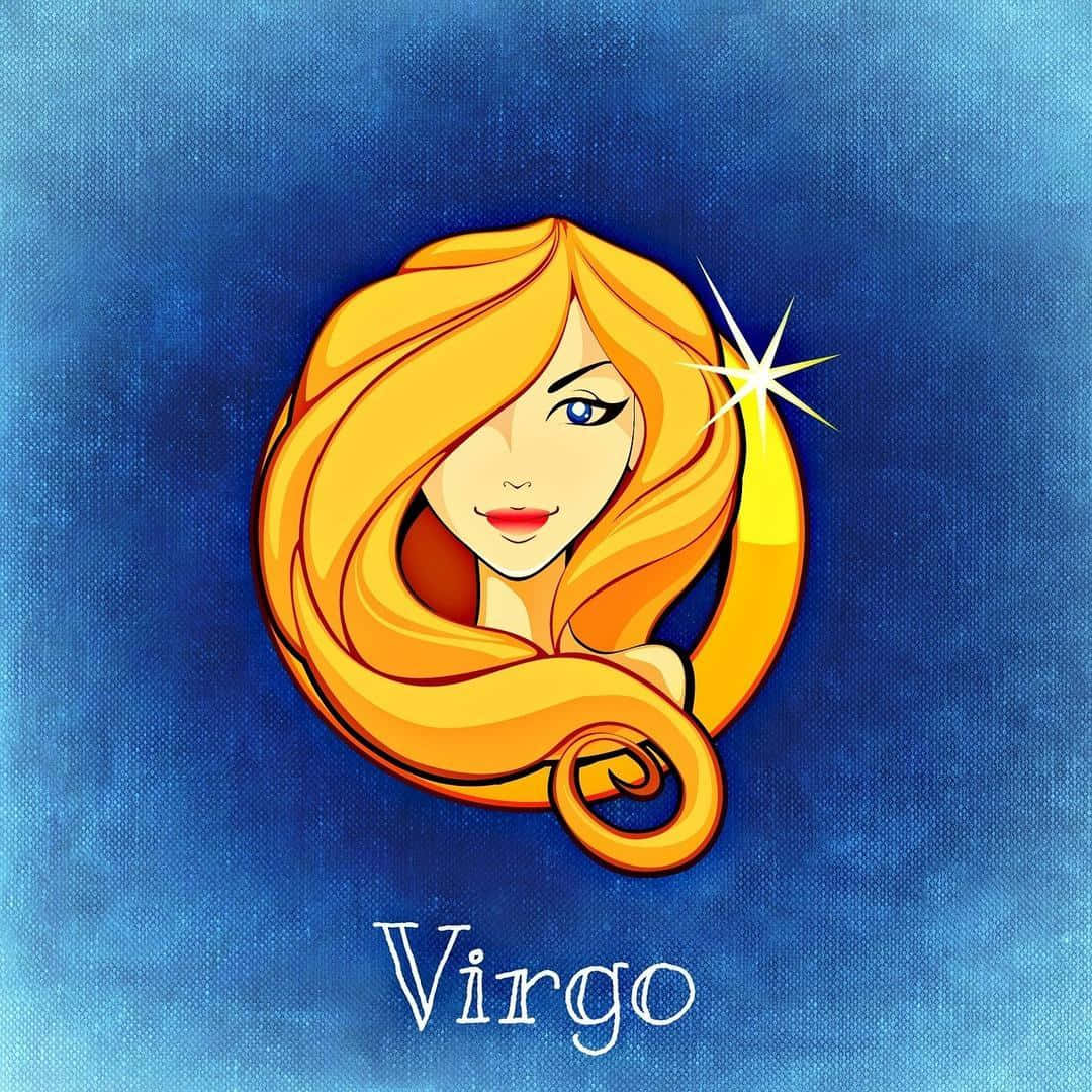 Virgo 桌布 壁紙 — 一個風格化的處女座星座符號，女性面孔和金色頭髮形成一個圓圈，背景為紋理藍色。