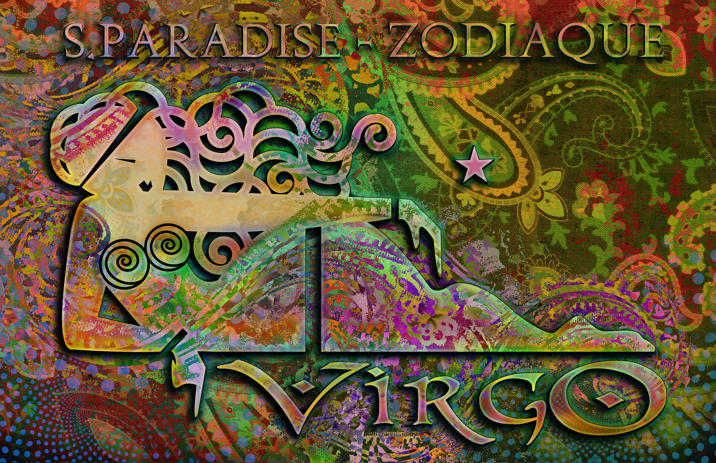 zodiac 桌布 壁紙 — 一個風格化的處女座星座符號，帶有華麗的漩渦和佩斯利圖案，置於充滿活力的多色迷幻背景上。
