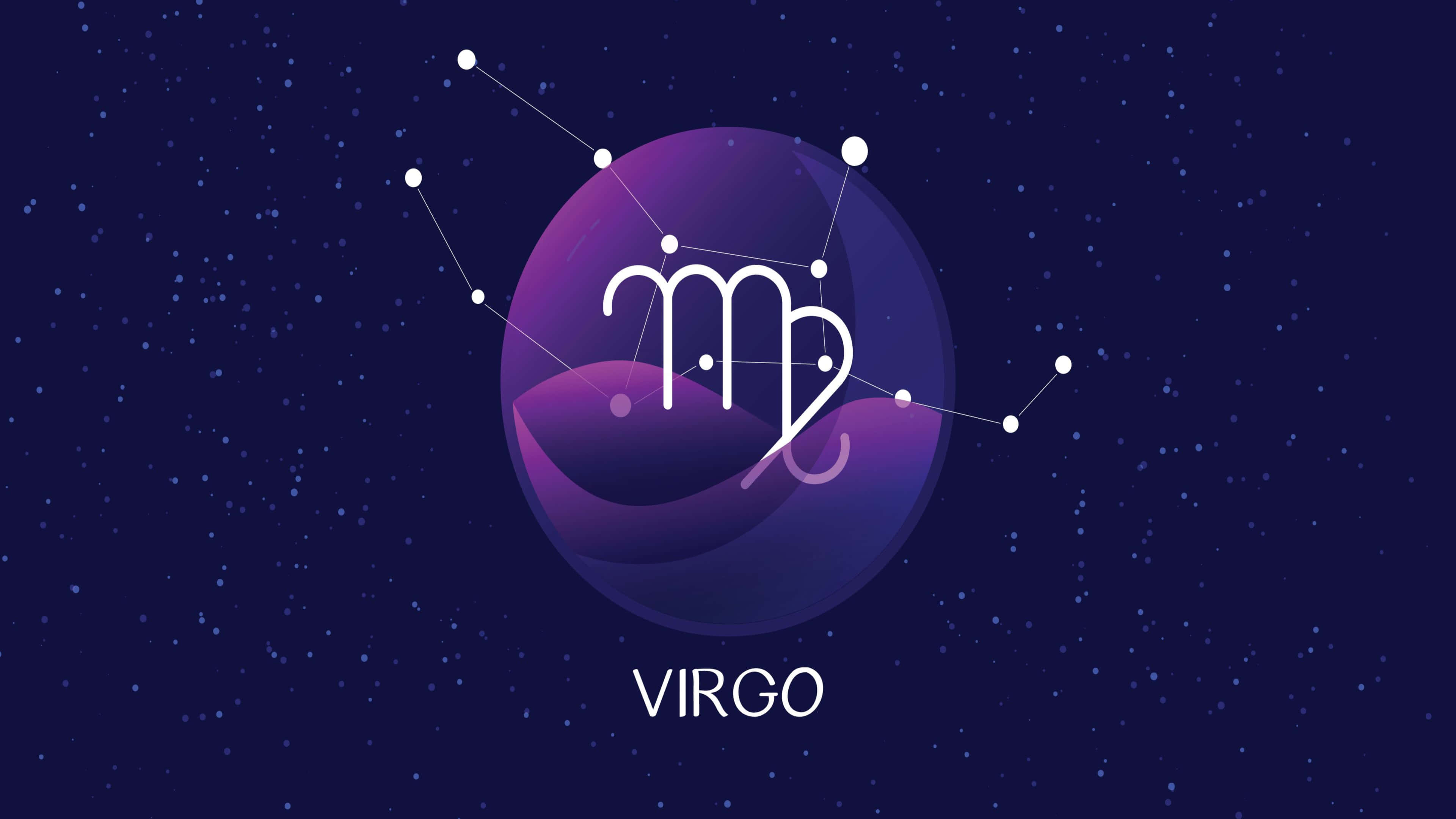 Virgo 桌布 壁紙 — 一個風格化的處女座星座符號在紫色球體內發光，背景是繁星點點的夜空。