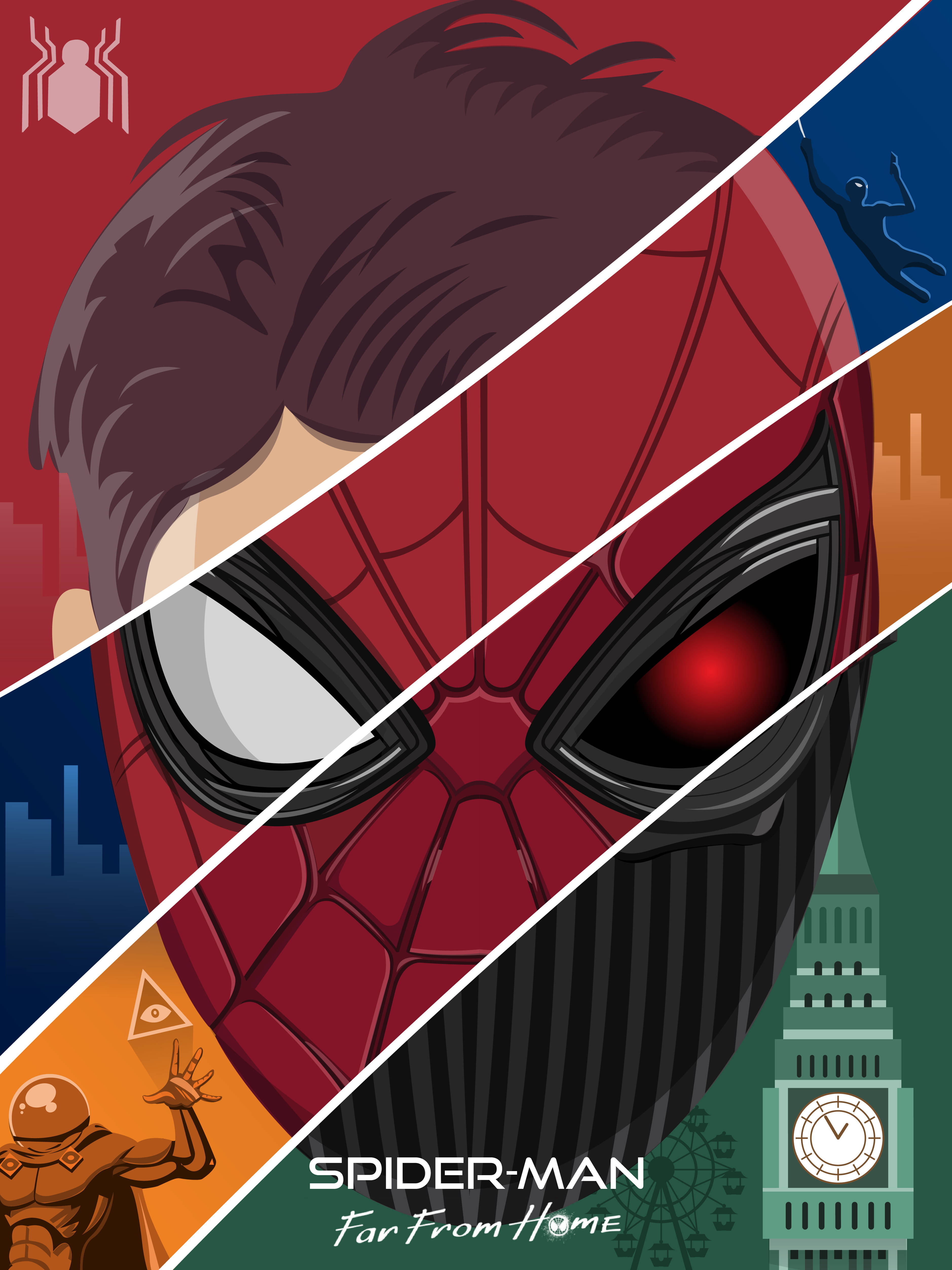Spider Man Far From Home 桌布 壁紙 — 一個風格化的蜘蛛人，分成彩色面板，展示他的面罩和城市景觀背景。