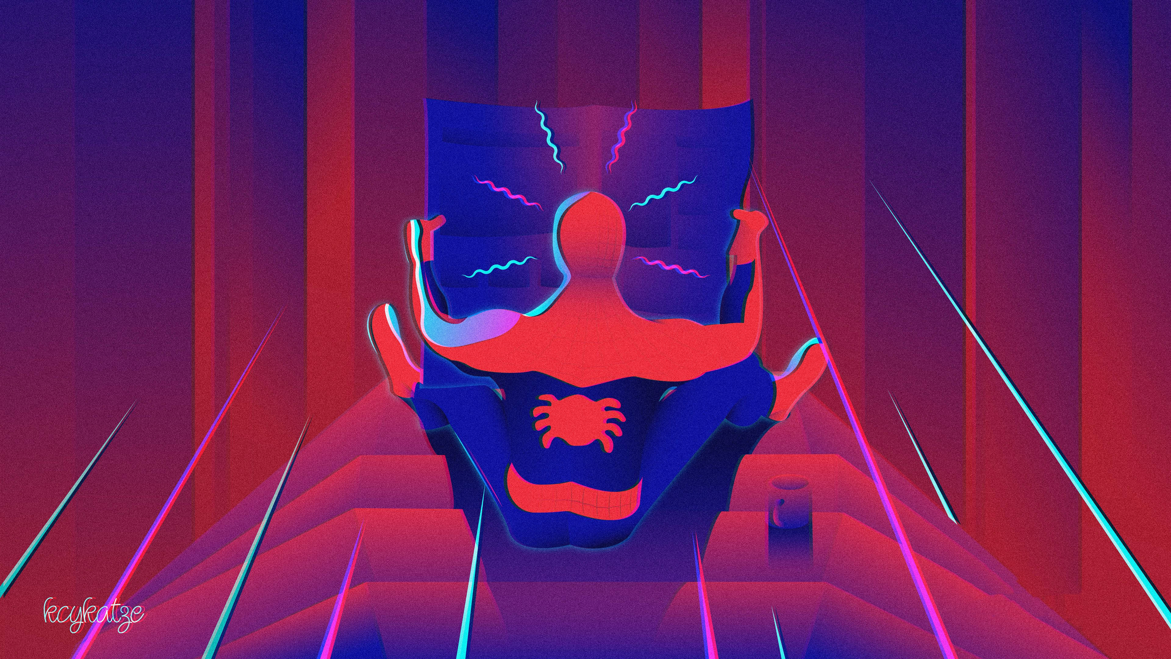 Into The Spider Verse 桌布 壁紙 — 一個風格化的蜘蛛人公仔以霓虹紅和藍色在幾何隧道中發光，隧道由垂直條紋組成。