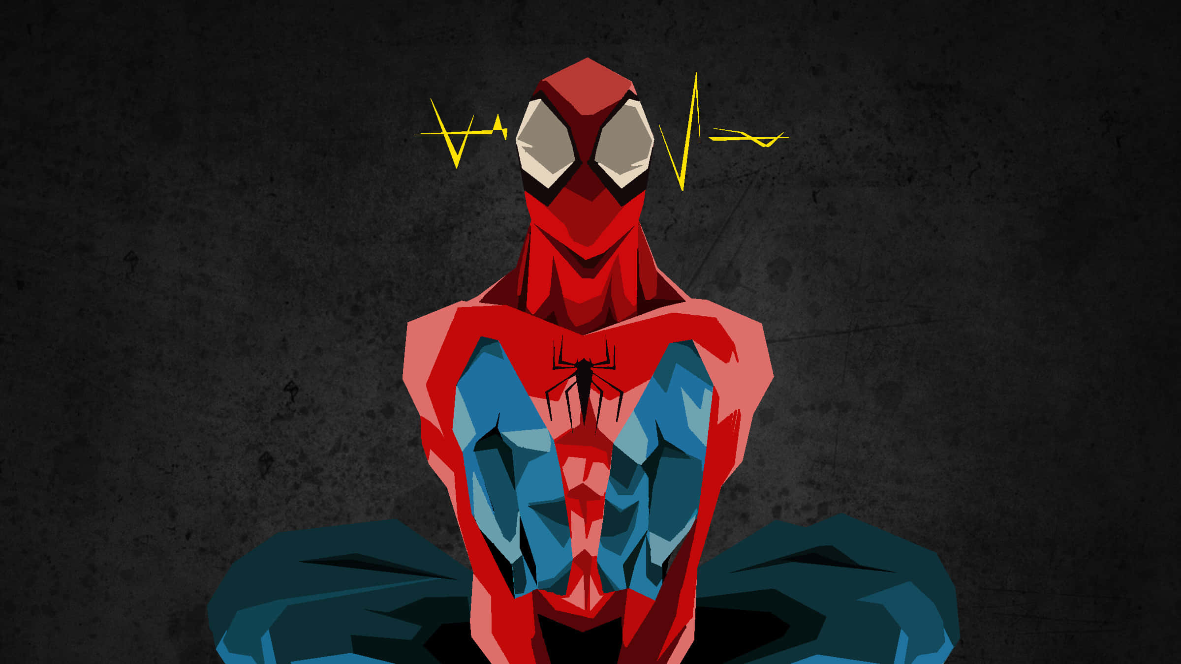 Spider-man Spider Sense 桌布 壁紙 — 一個風格化的蜘蛛人穿著幾何紅藍戰衣，站在深色紋理牆壁前，頭頂有黃色心跳線。