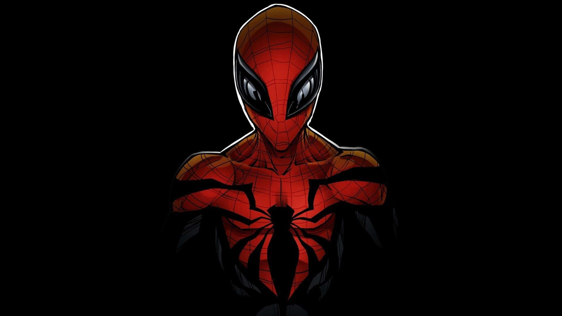 Best Spider Man 桌布 壁紙 — 一個風格化的蜘蛛人穿著紅黑戰衣，站在黑暗背景前，眼睛發光，帶有蜘蛛網圖案。