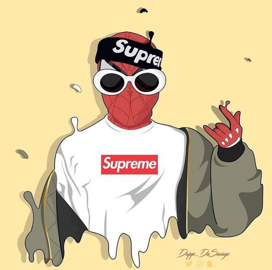 superhero supreme 桌布 壁紙 — 一個風格化的蜘蛛人角色，穿著Supreme連帽衫和太陽眼鏡，在淡黃色背景前擺出一個手勢姿勢。