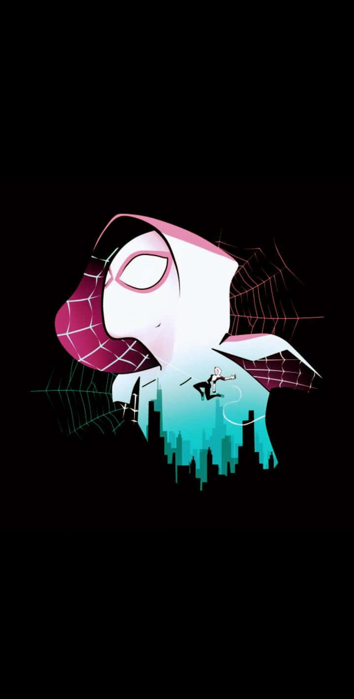 Gwen Stacy 桌布 壁紙 — 一個風格化的蜘蛛關羽剪影，帶有粉紅色蛛網和發光的眼睛，在黑色背景上俯瞰著青色的城市景觀。