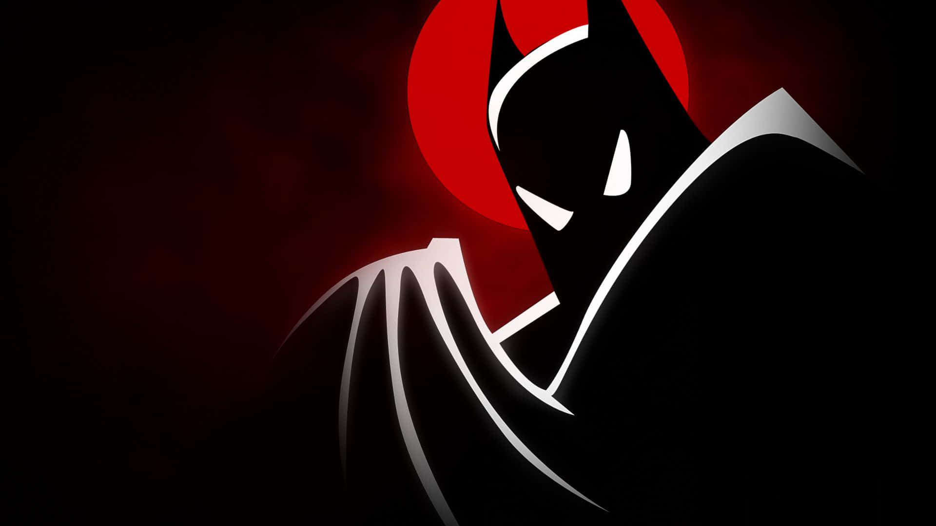 Batman Cartoon 桌布 壁紙 — 一個風格化的蝙蝠俠剪影，帶有發光的白色線條，矗立在深紅色圓形背景前。