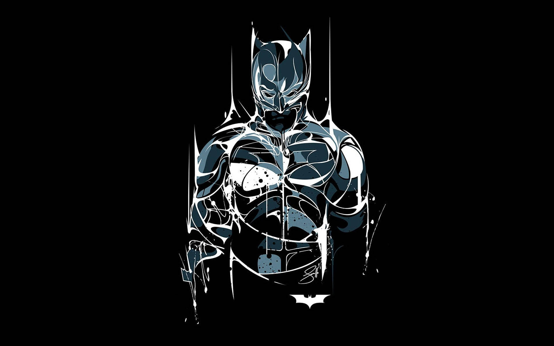 Dc Comics Batman 桌布 壁紙 — 一個風格化的蝙蝠俠形象，以深藍色和白色潑濺藝術呈現，站在黑色背景前，下方有一個蝙蝠標誌。
