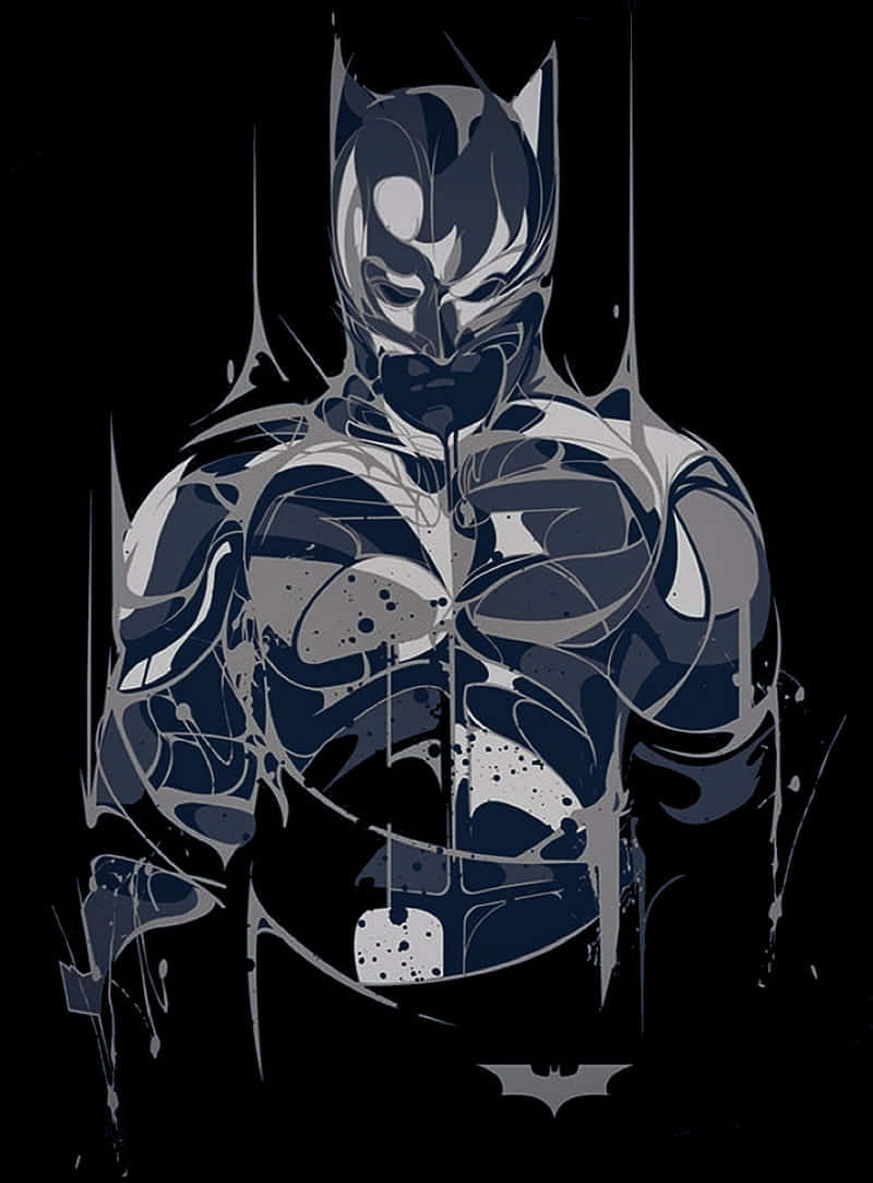 Batman War Games 桌布 壁紙 — 一個風格化的蝙蝠俠形象，以深藍色和銀色呈現，帶有滴漆效果，背景為黑色。