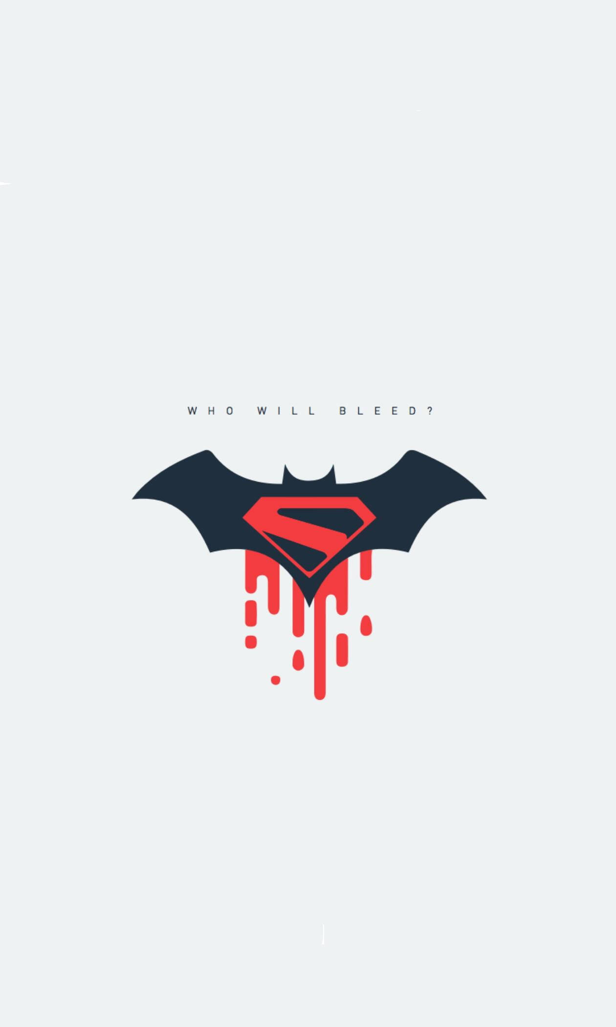 Batman Logo 桌布 壁紙 — 一個風格化的蝙蝠俠標誌與超人標誌融合，紅色液體在蒼白背景上向下滴落。
