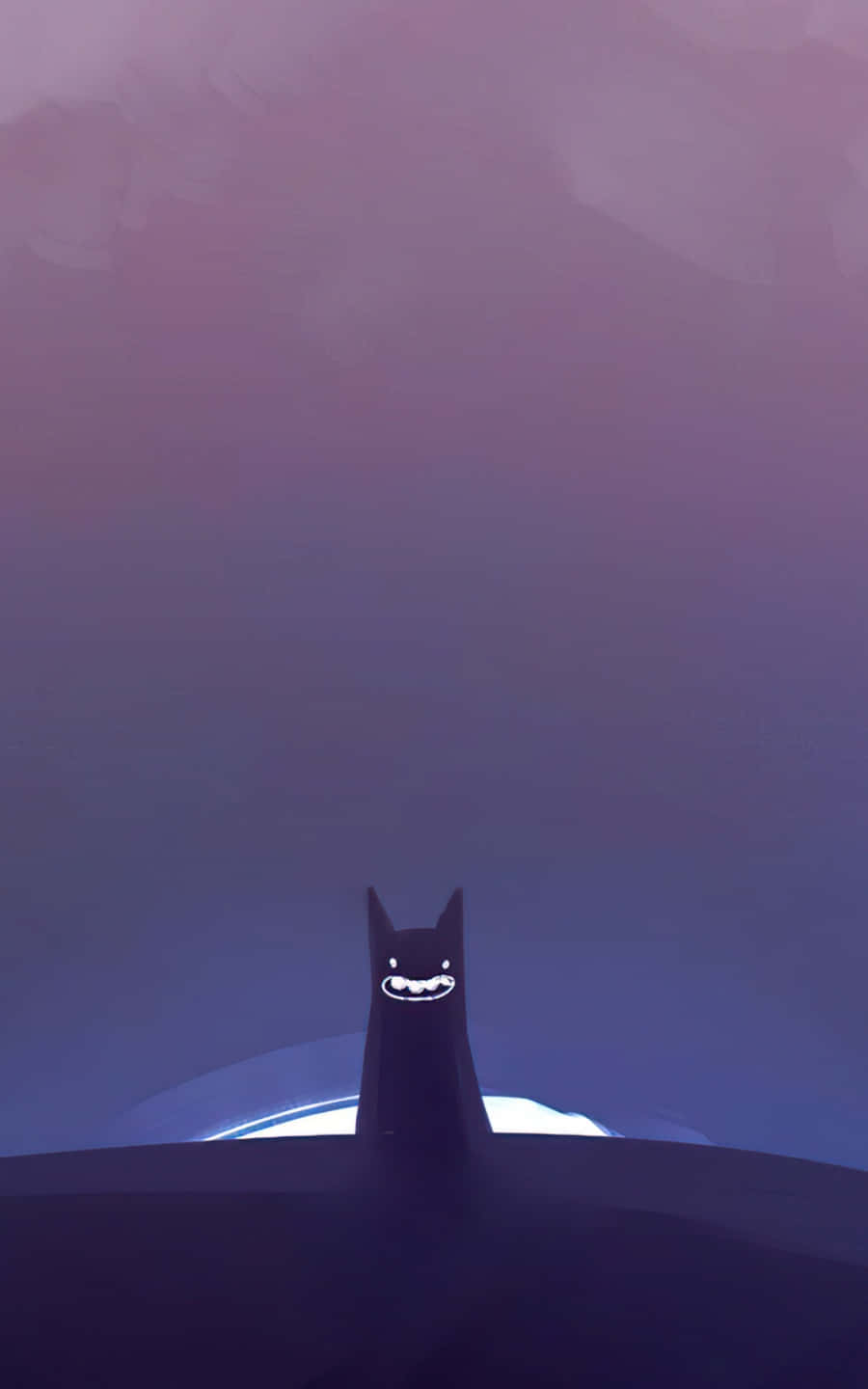 Halloween Cat 桌布 壁紙 — 一個風格化的蝙蝠剪影，帶有發光的微笑，站在漸變紫色暮色天空下的山丘上。
