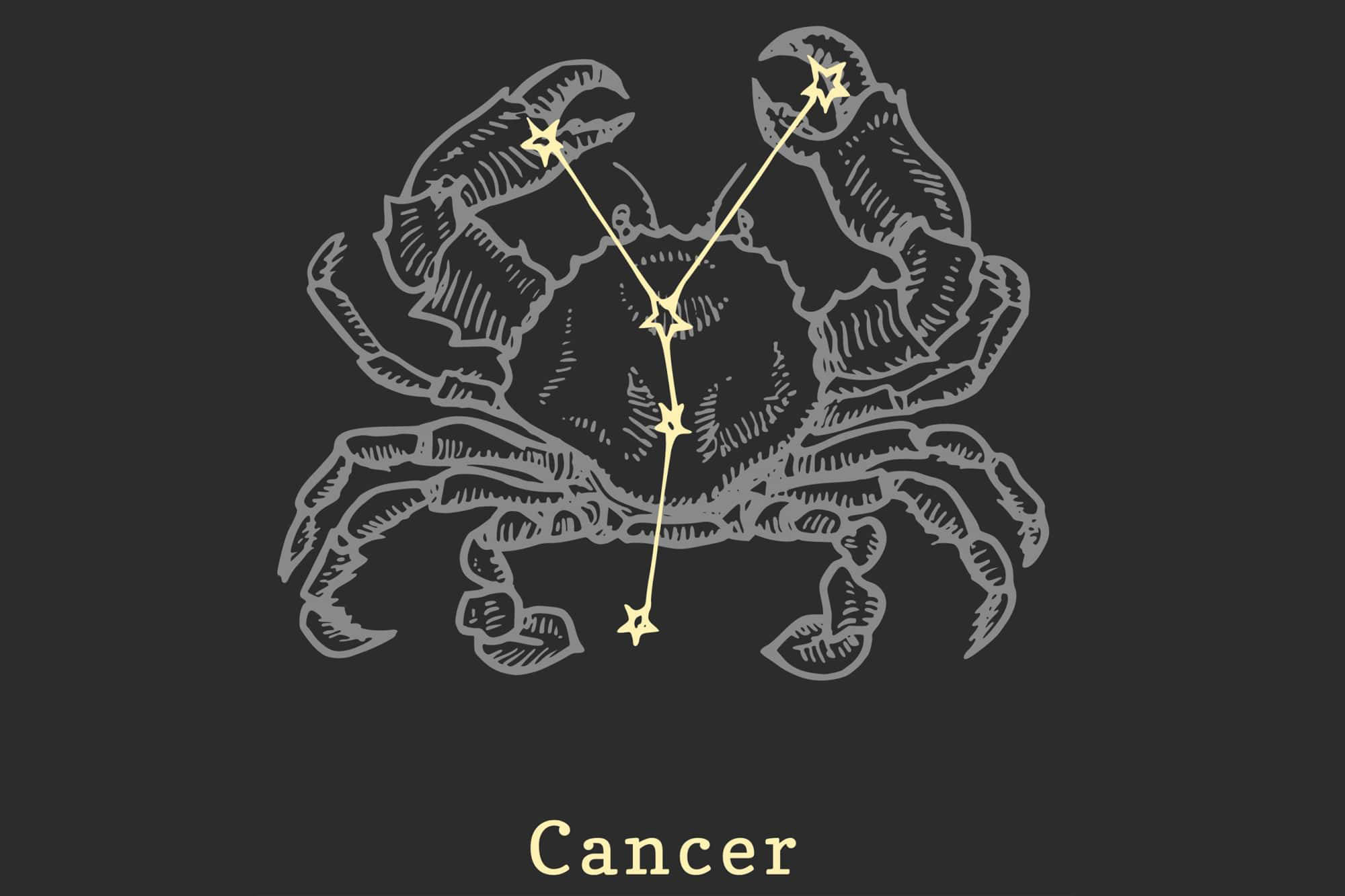zodiac 桌布 壁紙 — 一個風格化的螃蟹插圖，帶有發光的星星，在黑暗背景上標記出巨蟹座。