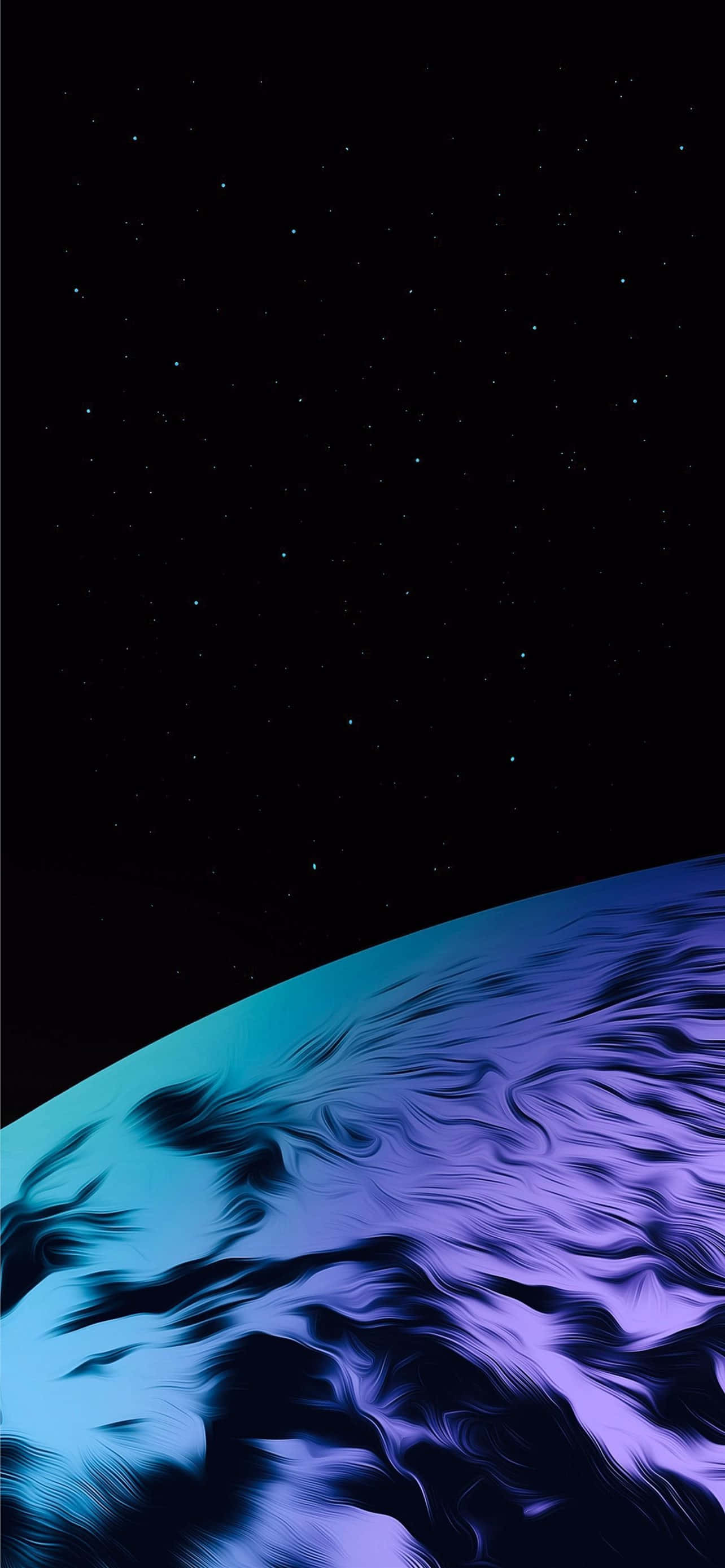 Blue Amoled 桌布 壁紙 — 一個風格化的行星，帶有旋轉的藍色和紫色雲層，在繁星點點的黑色天空下彎曲。
