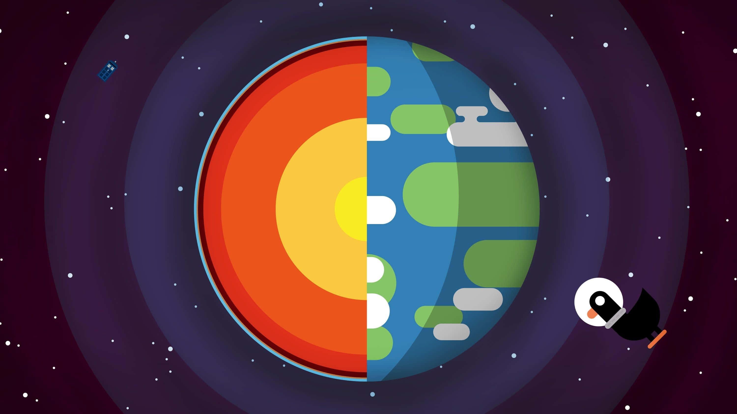 Animated 桌布 壁紙 — 一個風格化的行星被分成兩半，顯示出熾熱的核心和帶有雲層的綠藍色表面，背景是繁星點點的宇宙。
