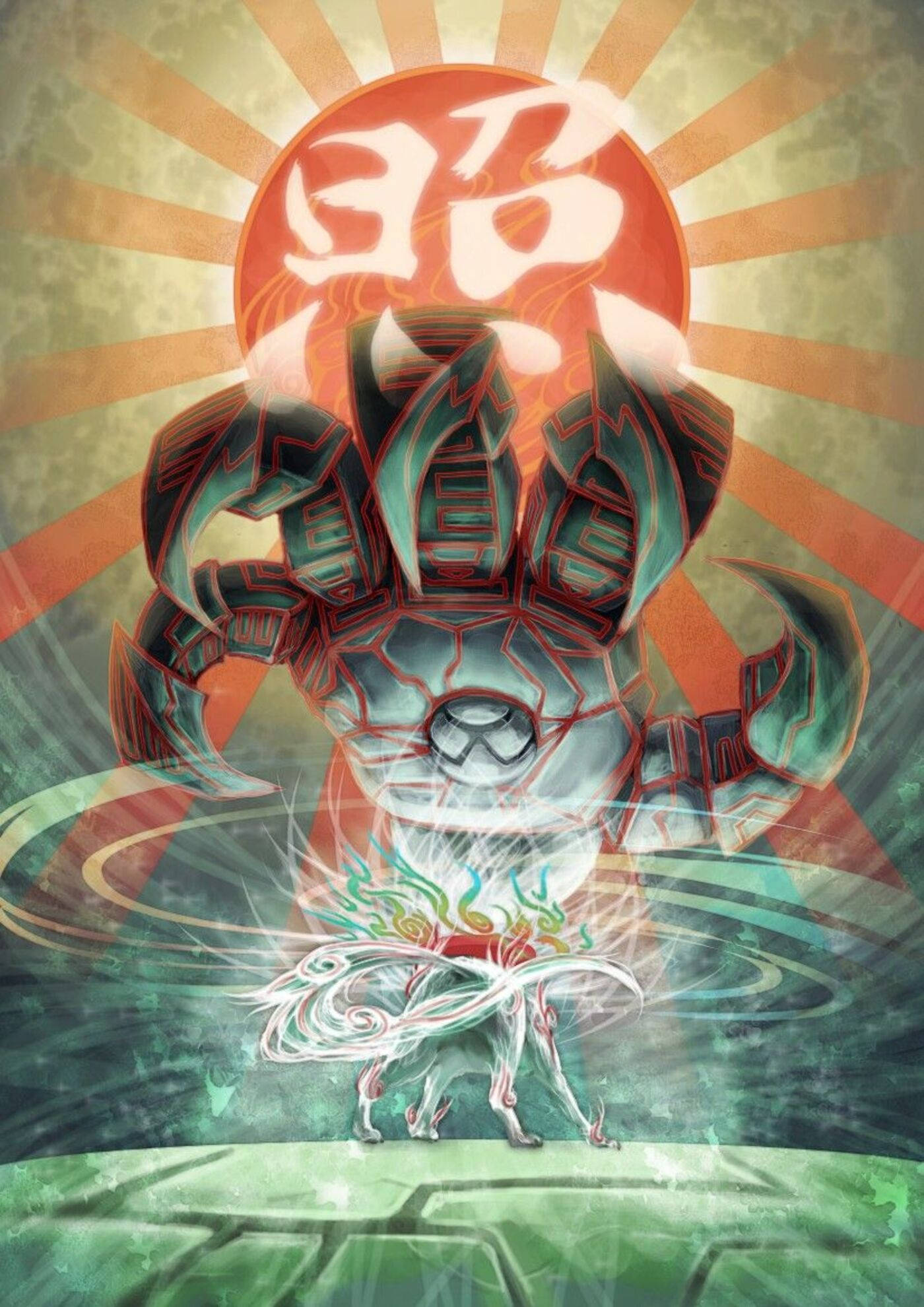 Okami 桌布 壁紙 — 一個風格化的裝甲人物，眼睛發光，站在帶有漢字的耀眼太陽前，將能量向下投射到下方的一個小生物身上。