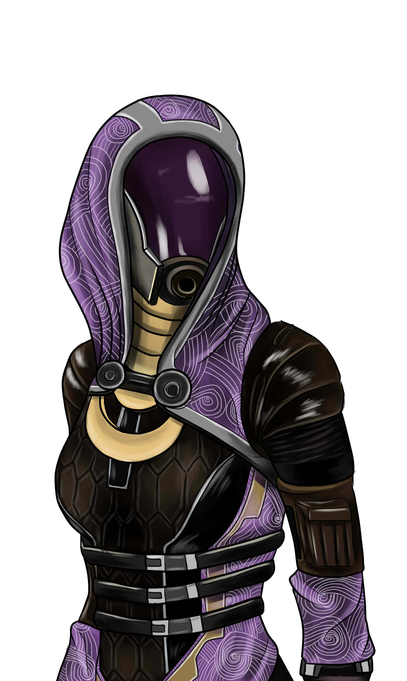 Tali'zorah 桌布 壁紙 — 一個風格化的裝甲人物，穿著紫色連帽裝備，配有時尚頭盔和金色點綴，站在純白色背景前。