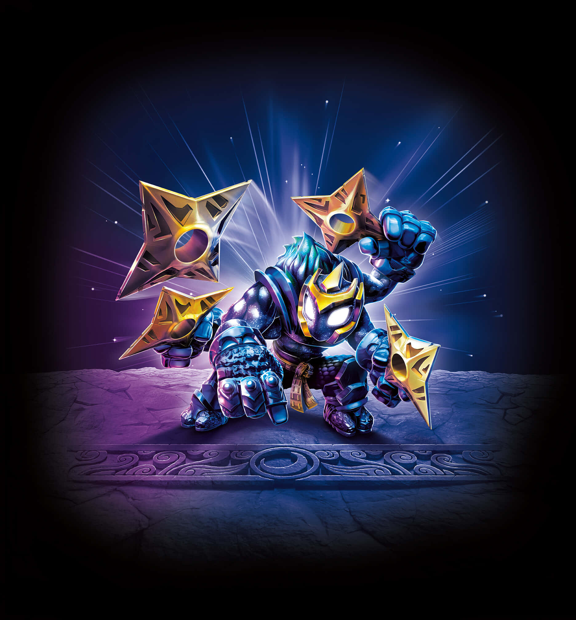Skylanders 桌布 壁紙 — 一個風格化的裝甲忍者戰士，眼睛發光，在宇宙藍色和紫色星空背景下揮舞著四個金色星形手裏劍。
