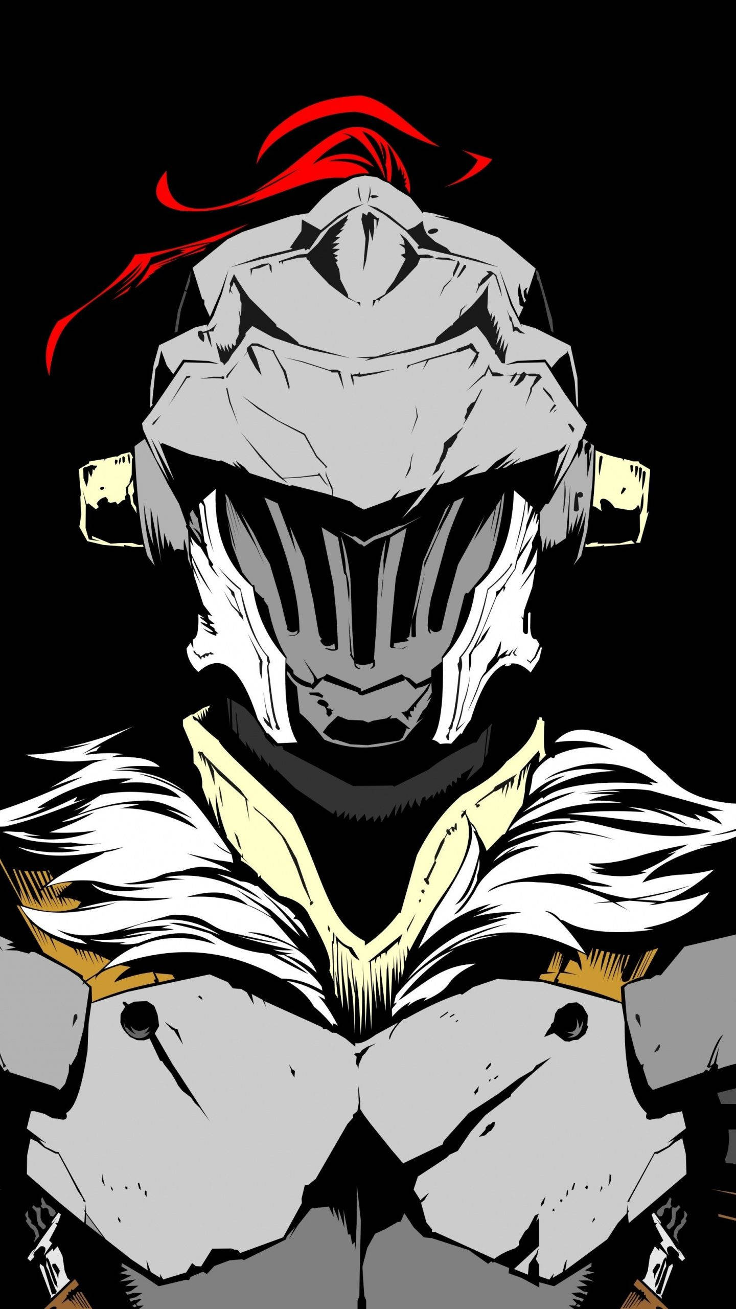 Goblin Slayer 桌布 壁紙 — 一個風格化的裝甲戰士，戴著紅色絲帶和白色毛領，站在黑色背景前。