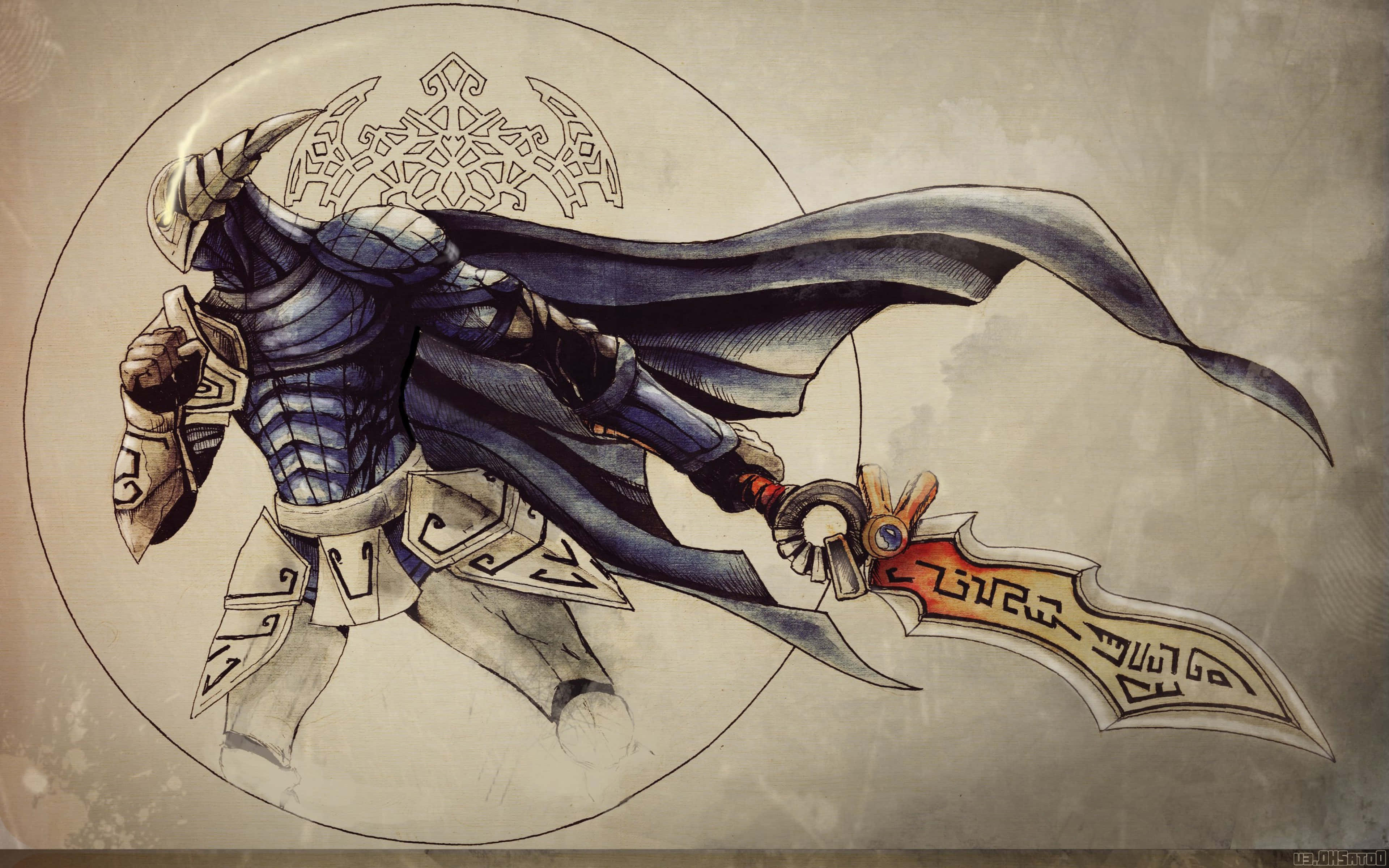 Dota 2 Sven 桌布 壁紙 — 一個風格化的裝甲戰士，披著飄逸的斗篷，手持華麗的劍，在圓形框架內動態地站立在帶有紋理的米色背景上。