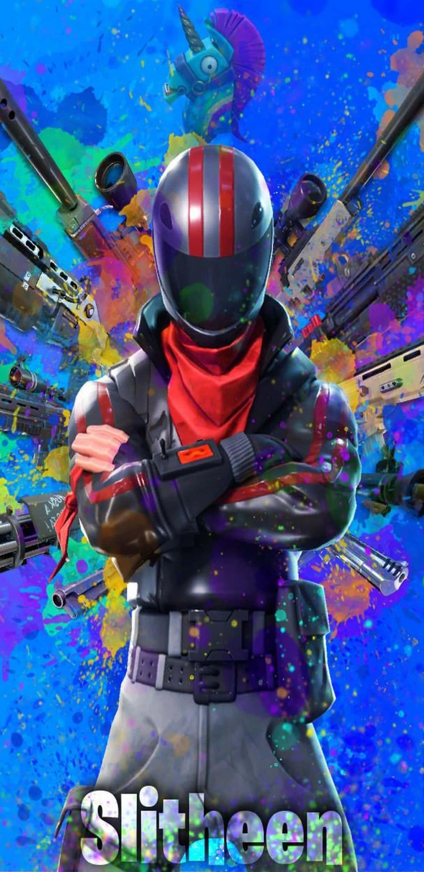 Fortnite 桌布 壁紙 — 一個風格化的裝甲角色，戴著頭盔和紅色圍巾，自信地站在充滿活力的彩色油漆飛濺和漂浮武器的爆炸中。