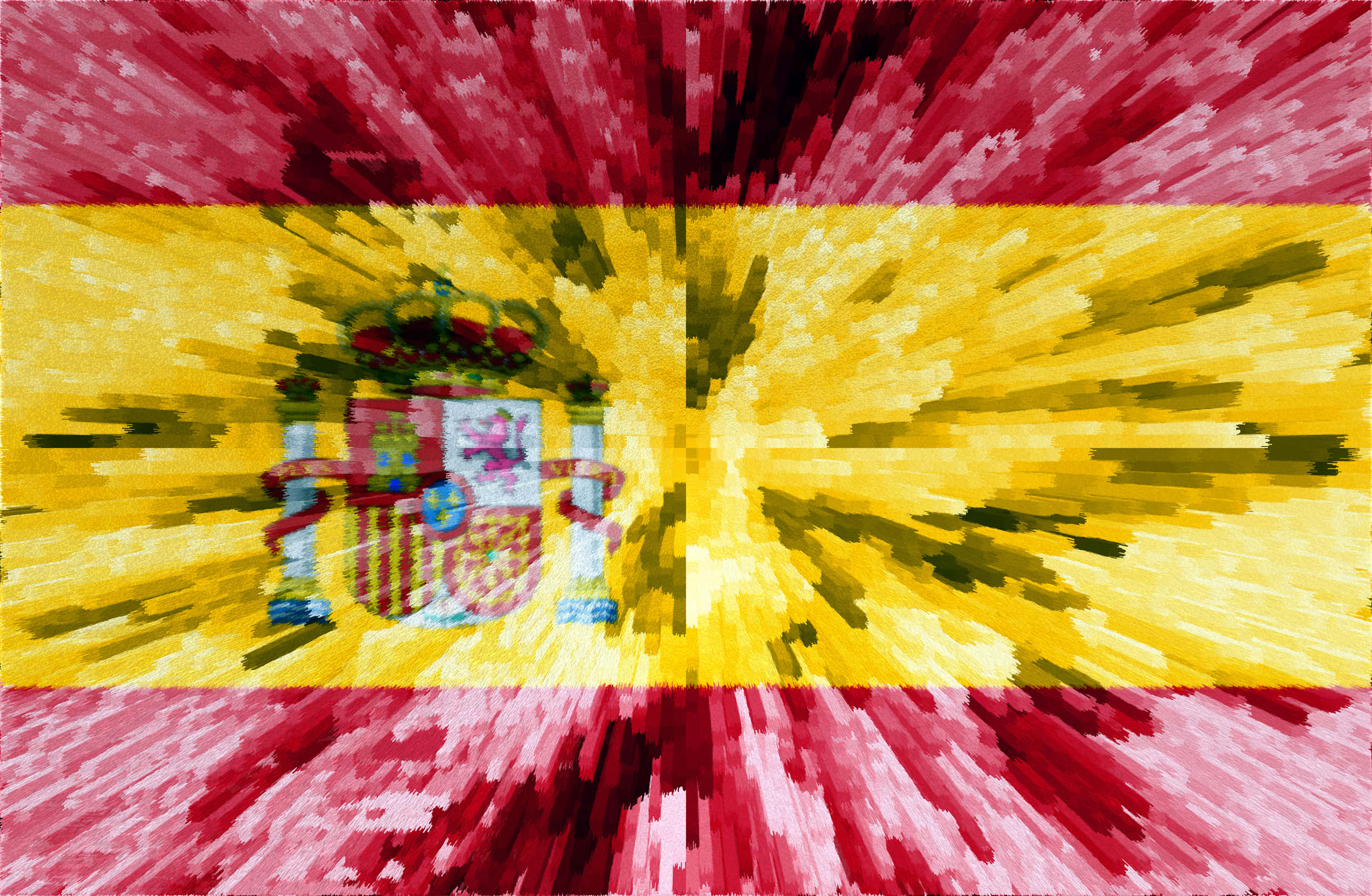 Spanish 桌布 壁紙 — 一個風格化的西班牙國旗，帶有從中央盾徽發出的像素化放射狀爆發效果。