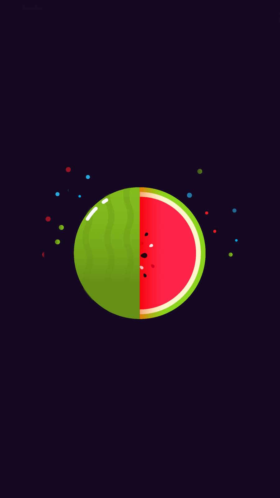 Watermelon iPhone 桌布 壁紙 — 一個風格化的西瓜被切成兩半，放在深色背景上，周圍漂浮著彩色圓點。