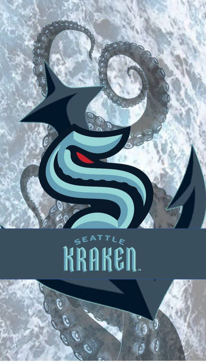 Kraken 桌布 壁紙 — 一個風格化的西雅圖海怪標誌，帶有發光的紅色眼睛和從冰冷水域中出現的觸手。