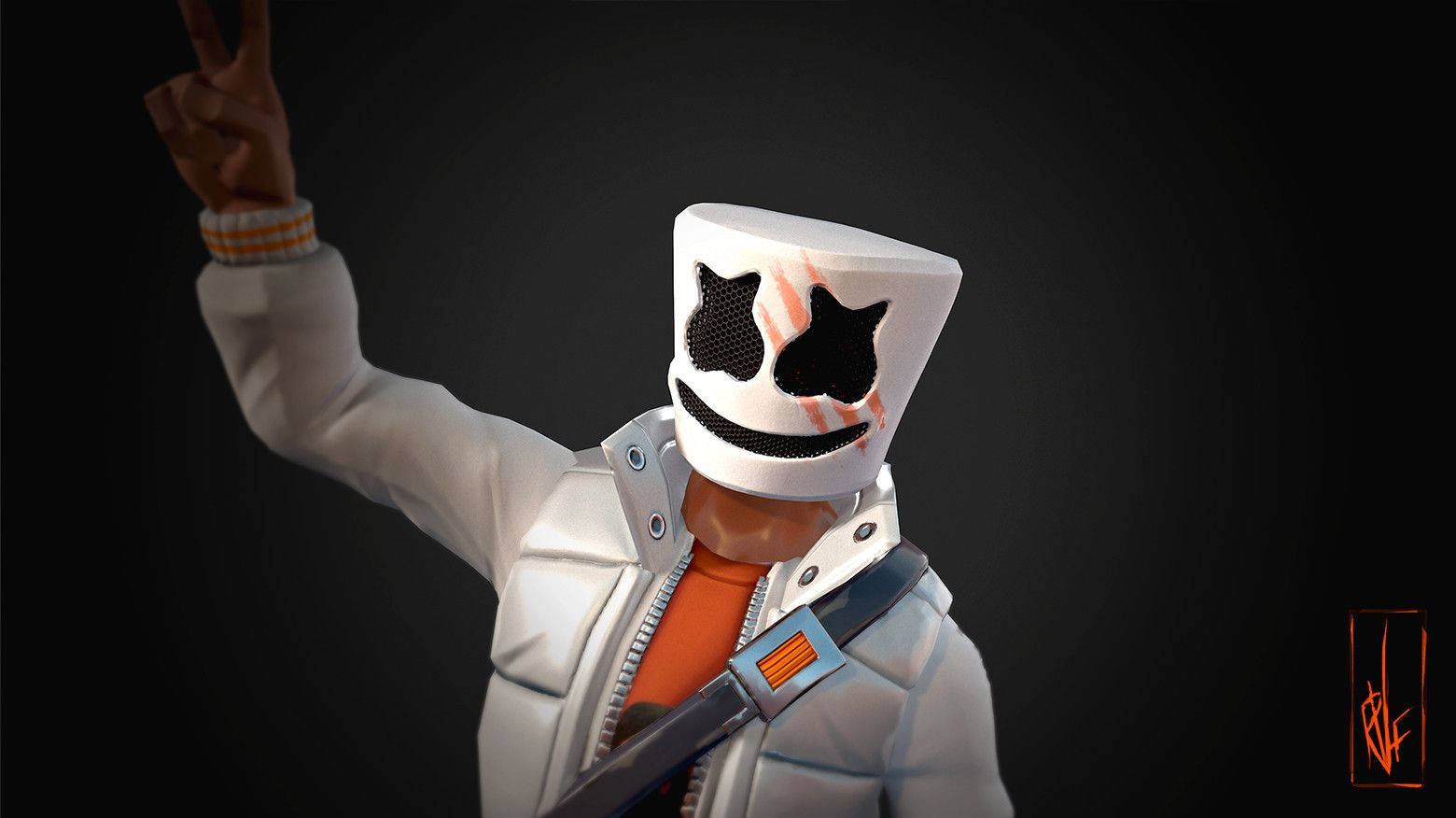 Marshmello 動態圖 桌布 壁紙 — 一個風格化的角色，戴著白色棉花糖頭盔，有黑色眼孔和微笑，穿著白色外套和橙色襯衫，在深色背景下舉起一隻手。