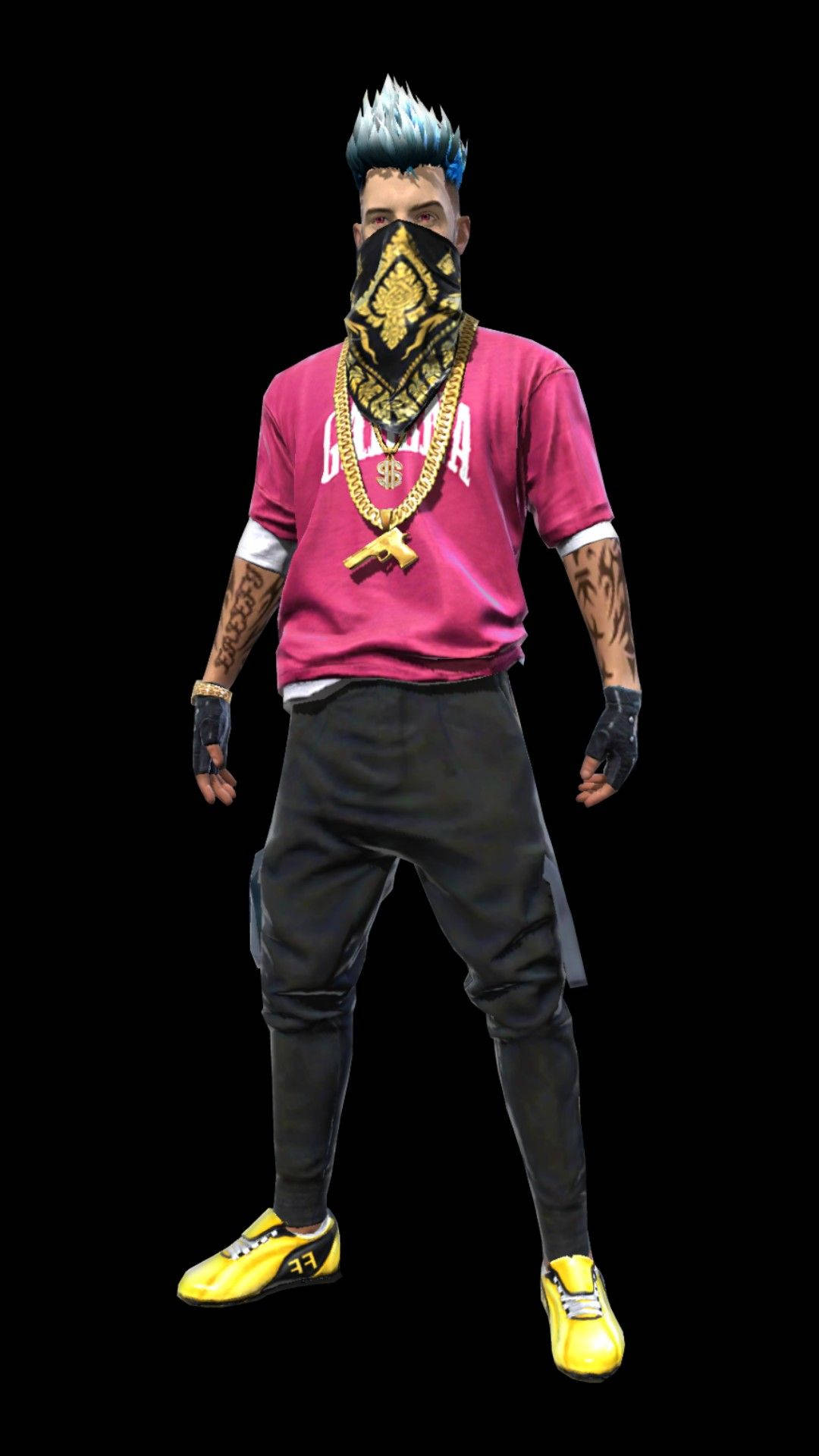 Free Fire 嘻哈 桌布 壁紙 — 一個風格化的角色，藍色刺蝟頭和金鏈，站在黑色背景前，穿著粉紅色襯衫和黃色運動鞋。