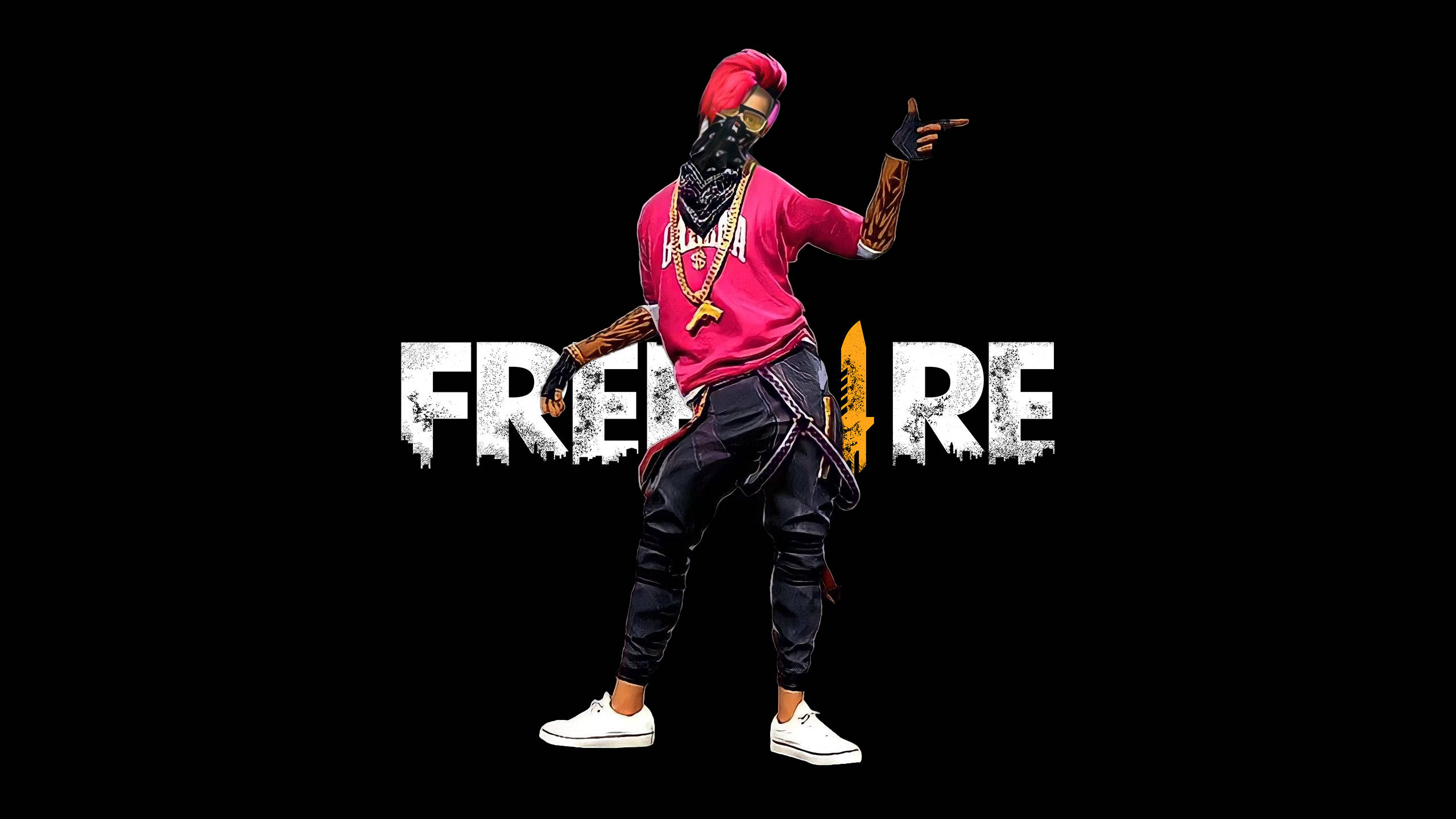 Free Fire 嘻哈套裝 桌布 壁紙 — 一個風格化的角色，身穿粉紅色襯衫和紅髮，在黑色背景前自信地擺姿勢，背景上有粗體白色字母寫著「FREE」。