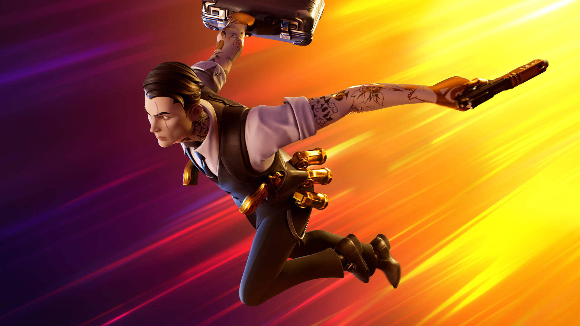 Fortnite 桌布 壁紙 — 一個風格化的角色以動態姿勢拿著公事包和手槍，背景是充滿活力的橙色、黃色和紫色條紋。