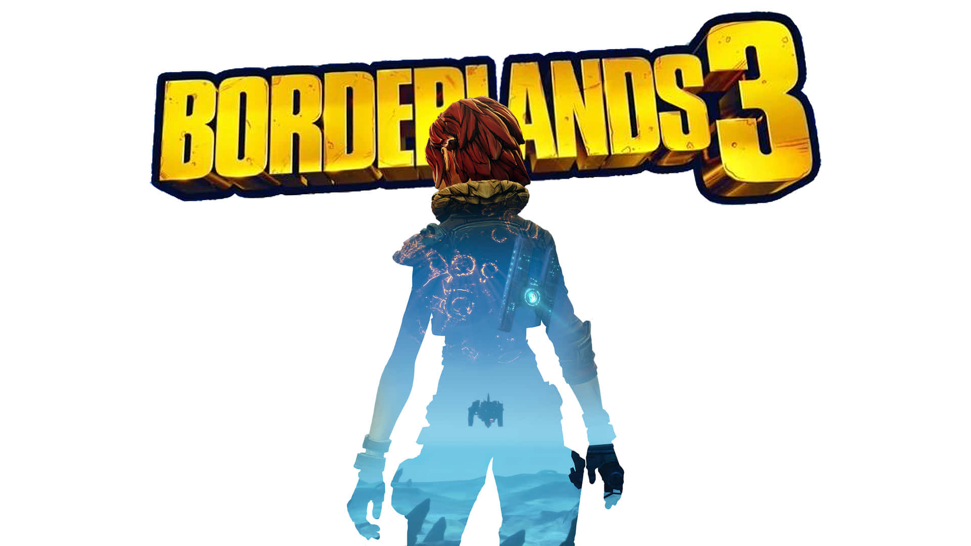 Best Borderlands 3 桌布 壁紙 — 一個風格化的角色剪影站在大膽的 Borderlands 3 標誌前，背景為純白色。