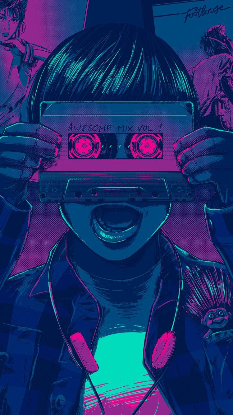 Aesthetic Retro 桌布 壁紙 — 一個風格化的角色將一個發光的卡式錄音帶（標有 Awesome Mix Vol 1）舉在臉前，呈現充滿活力的霓虹流行藝術插圖。
