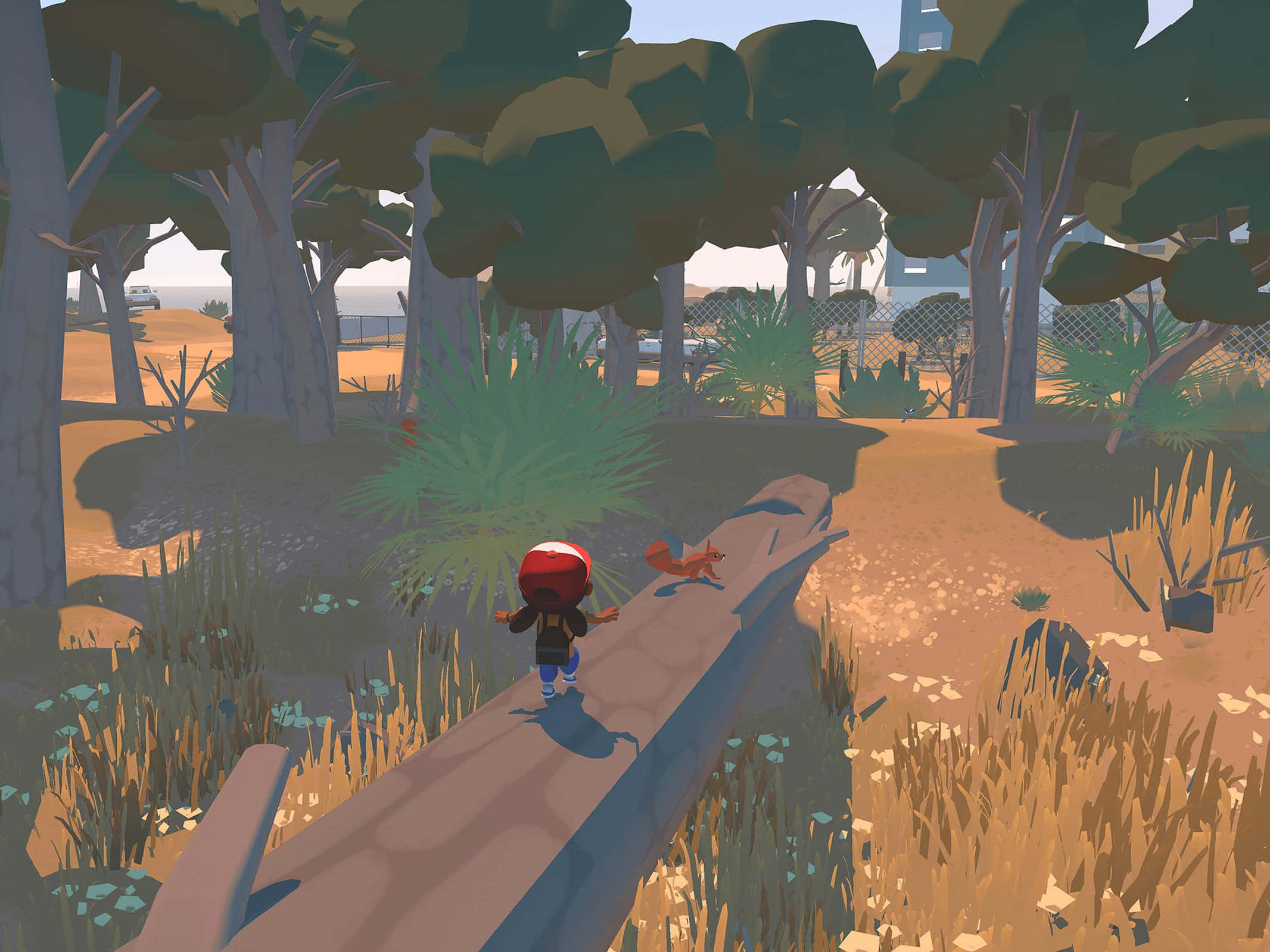 Adventure Games 桌布 壁紙 — 一個風格化的角色帶著狐狸同伴，沿著一條木頭小徑穿過陽光明媚的森林。