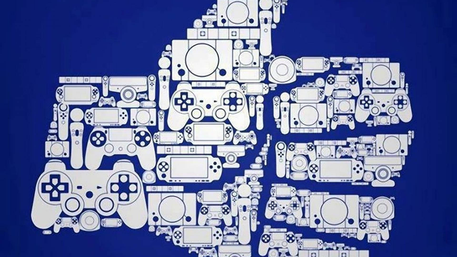 PlayStation 桌布 壁紙 — 一個風格化的豎起大拇指圖示，由各種電玩遊戲控制器和主機的白色線條圖畫組成，背景為純藍色。