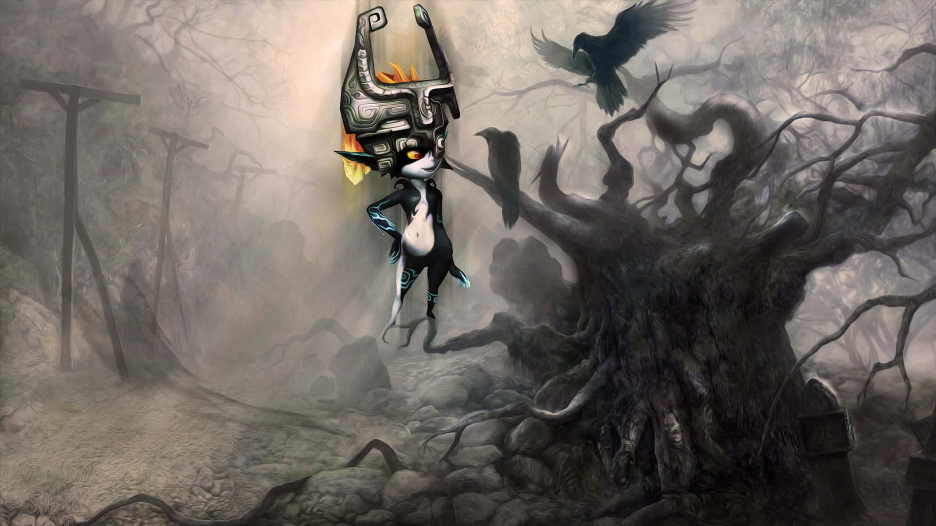 The Legend Of Zelda Midna 桌布 壁紙 — 一個風格化的貓咪形象，戴著發光面具，漂浮在一棵扭曲的樹旁，烏鴉在迷霧籠罩的陰森森林中翱翔。