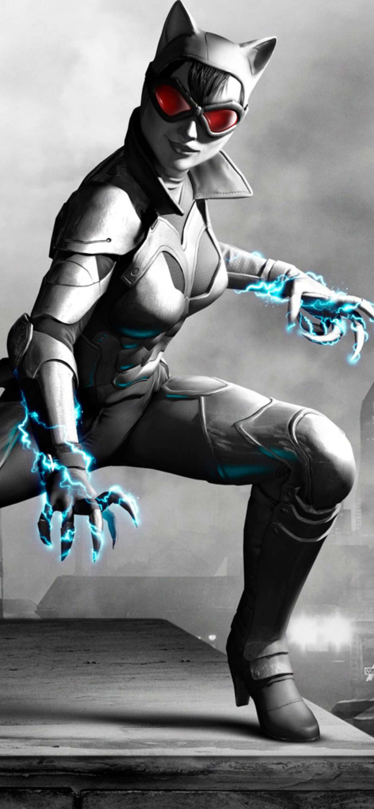 iPhone Xs Max Batman Arkham City 桌布 壁紙 — 一個風格化的貓女穿著時尚緊身衣，在煙霧瀰漫的城市背景下蹲伏，爪子散發出藍色光芒的能量。