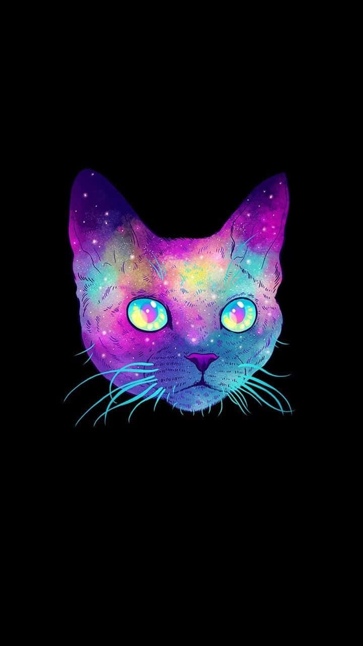 桌布 壁紙 — 一個風格化的貓頭，帶有宇宙星系漩渦和發光的眼睛，背景為黑色。