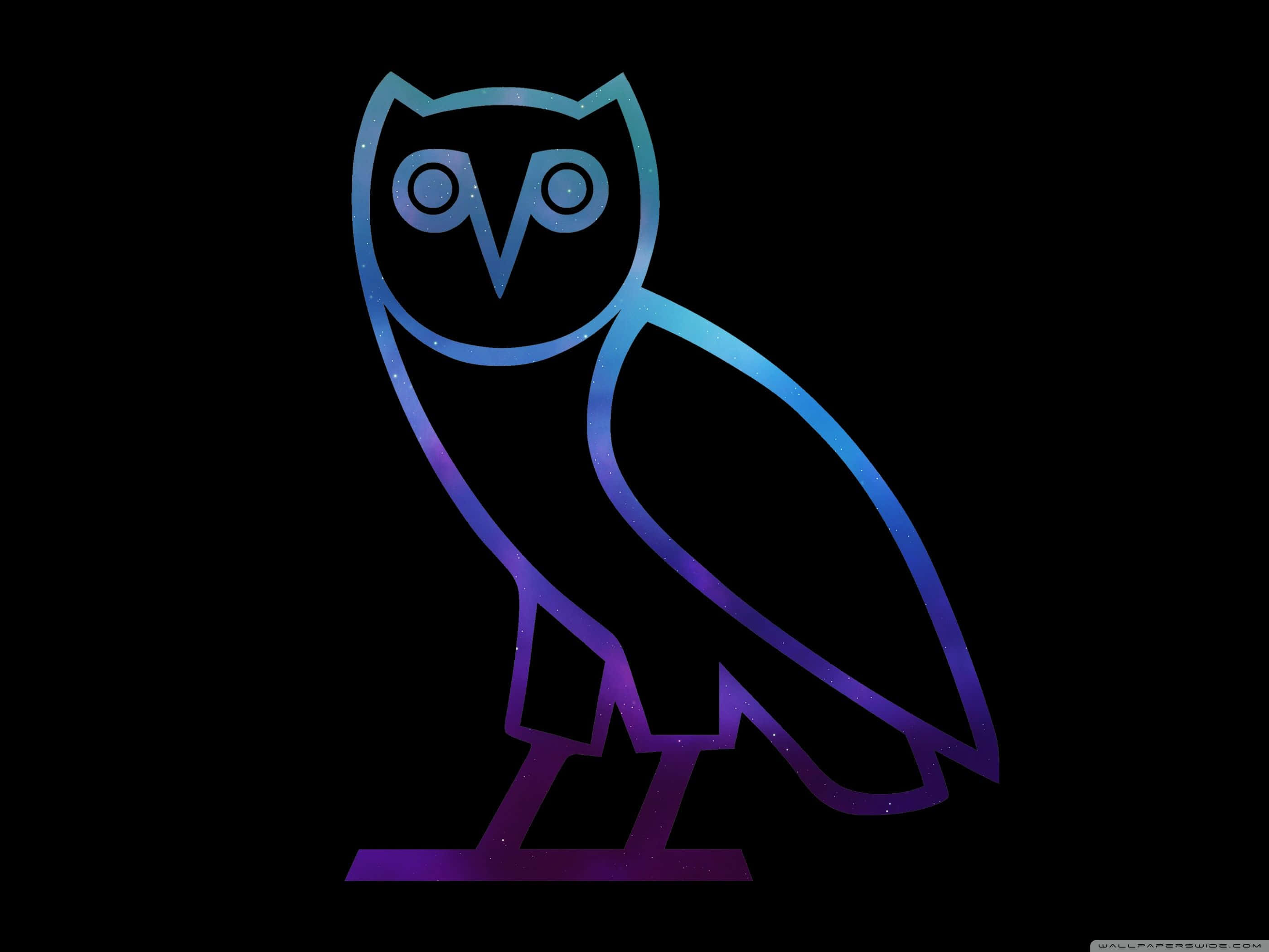Drake Ovo Owl iPhone 桌布 壁紙 — 一個風格化的貓頭鷹剪影，在黑色背景上發出藍色到紫色的漸變光芒。